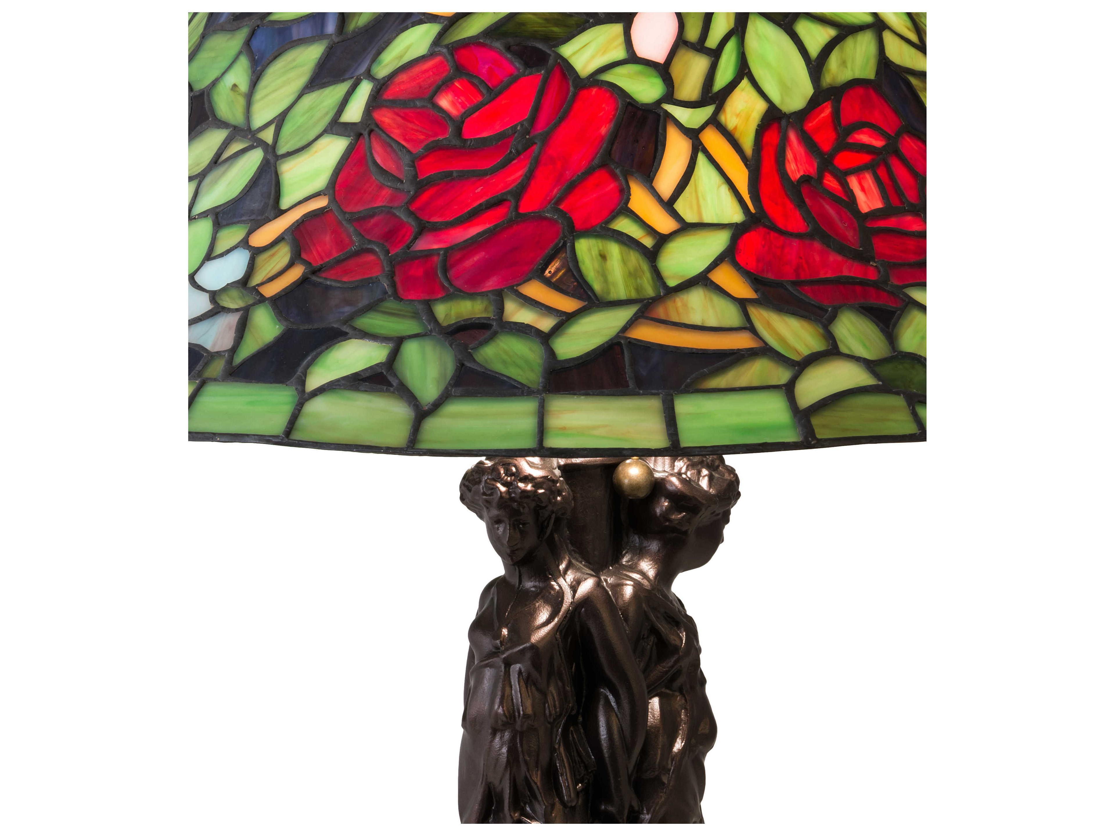 Meyda Rosebush Glass Tiffany Mahogany Bronze Green Table Lamp