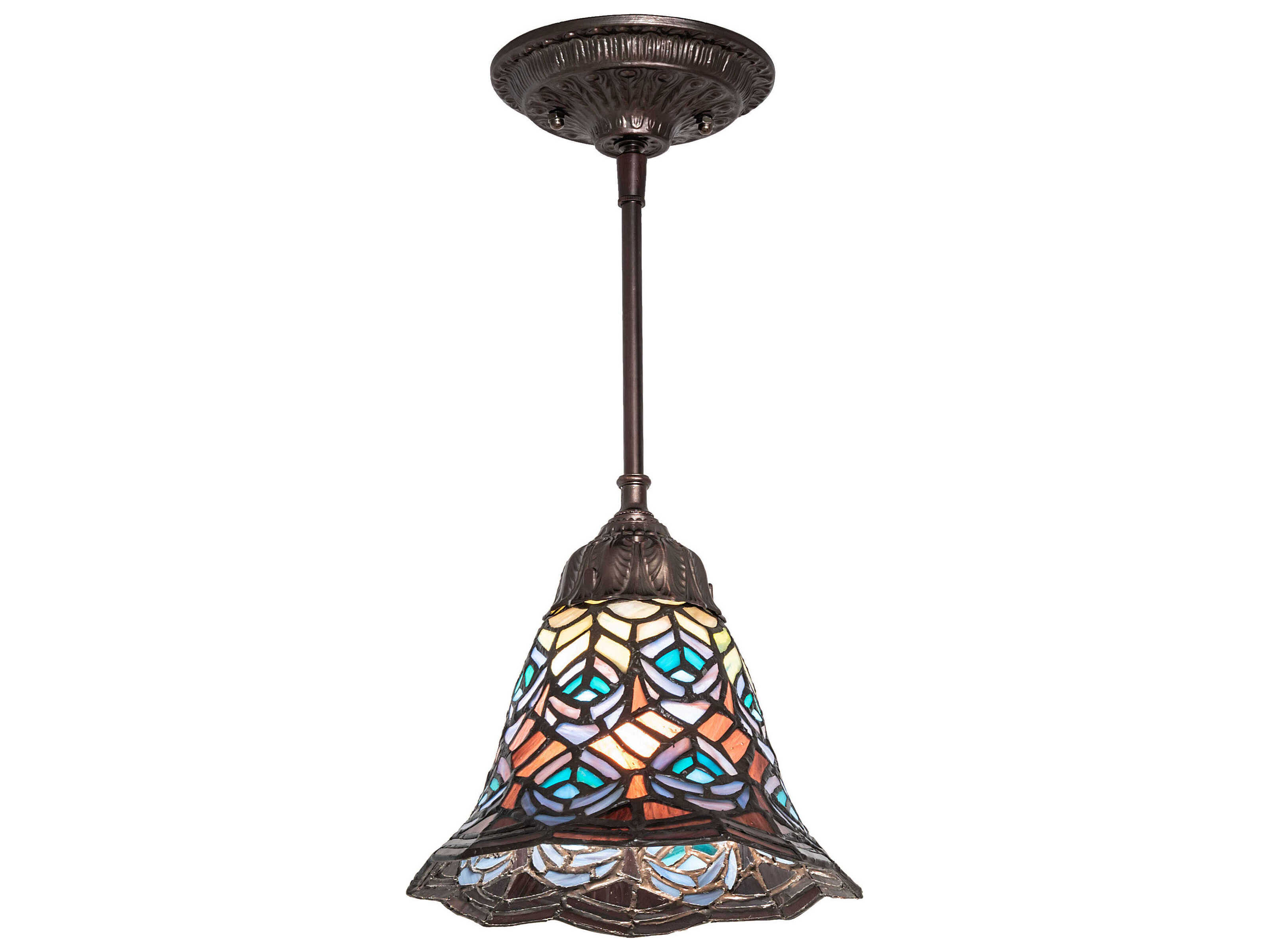 Meyda Tiffany Peacock Feather 1-Light Bronze Glass Bell Mini Pendant