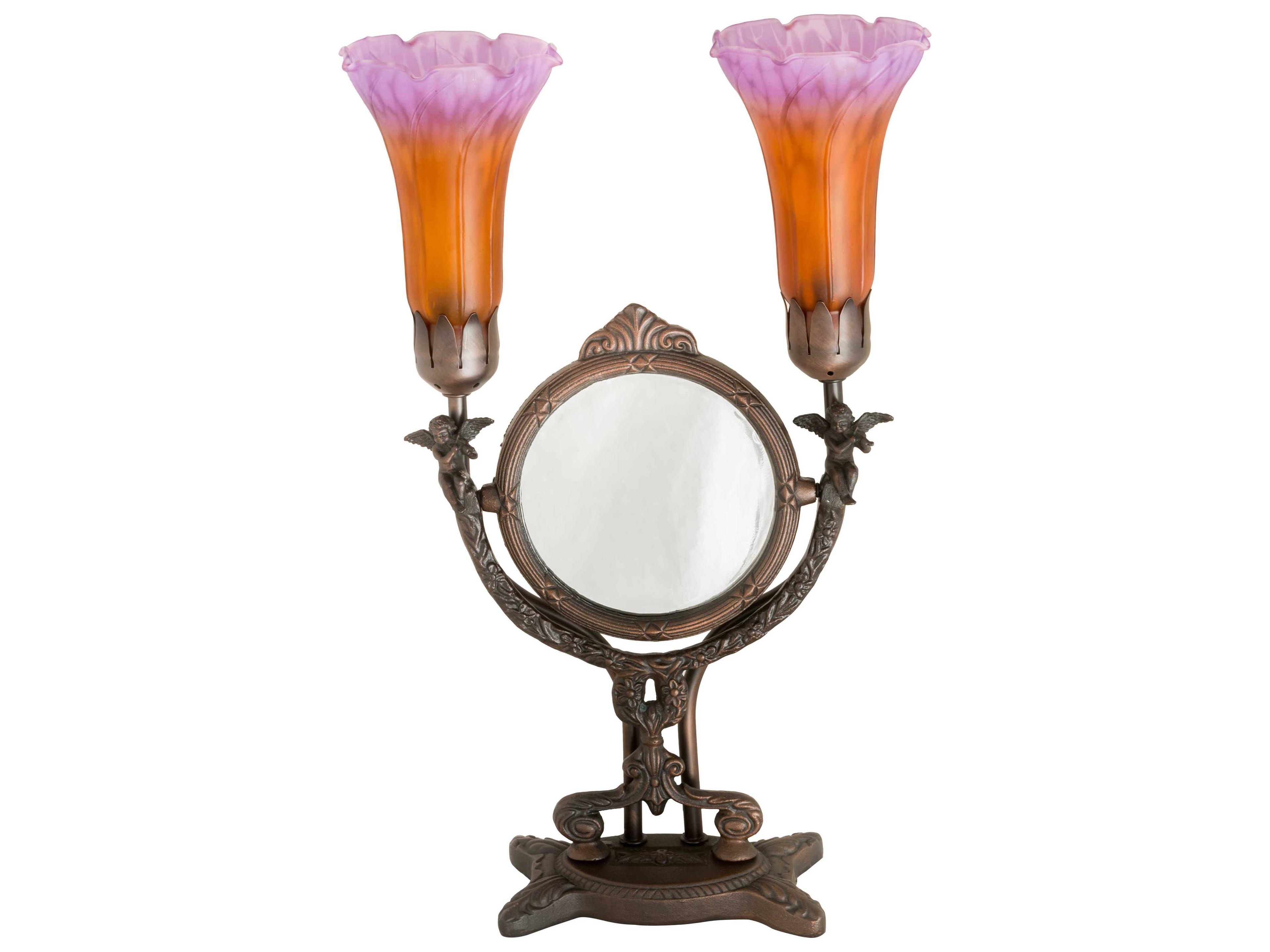 Meyda Pond Lily Brown Table Lamp with Amber Purple Glass Shade and Mirror