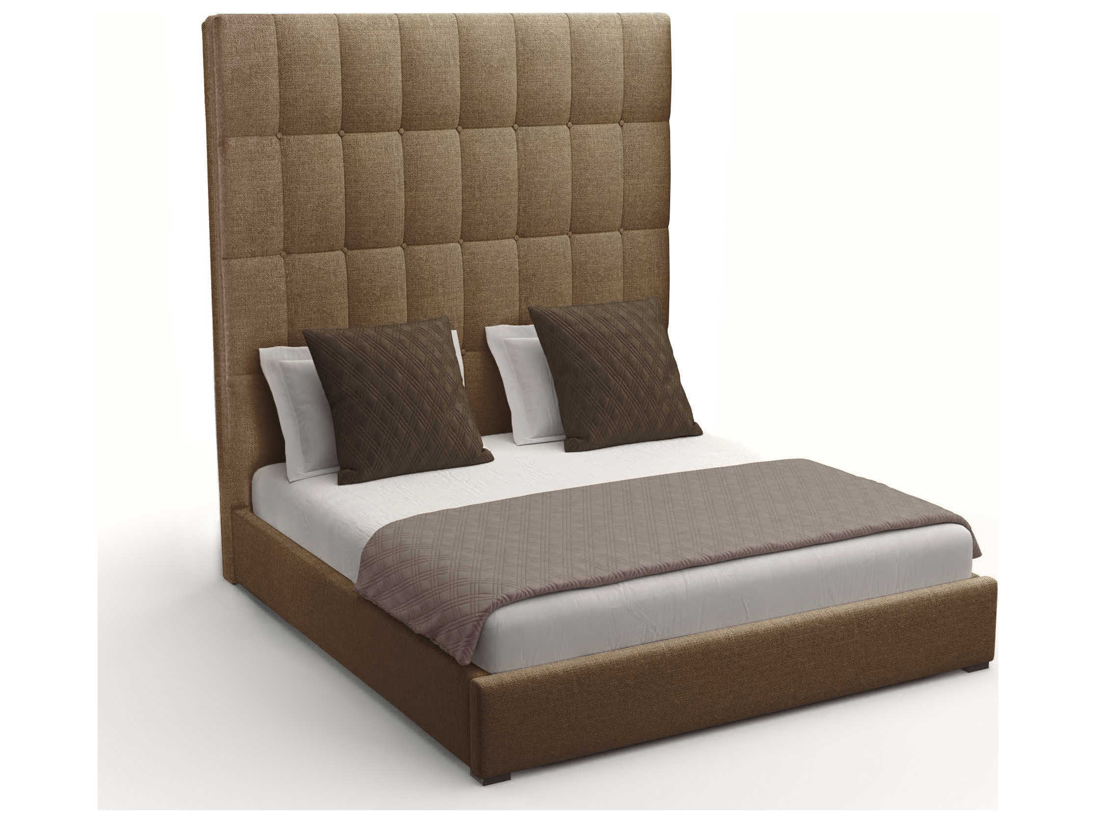 Nativa Interiors Moyra Box Tufted High Brown Ply Wood Upholstered Panel Bed