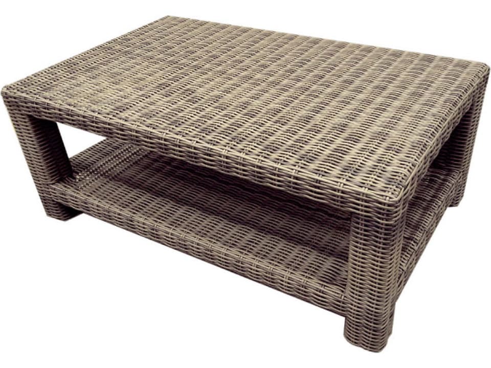 Forever Patio Cypress Wicker Heather Thick Rectangular Glass Top Coffee Table with Bottom Shelf