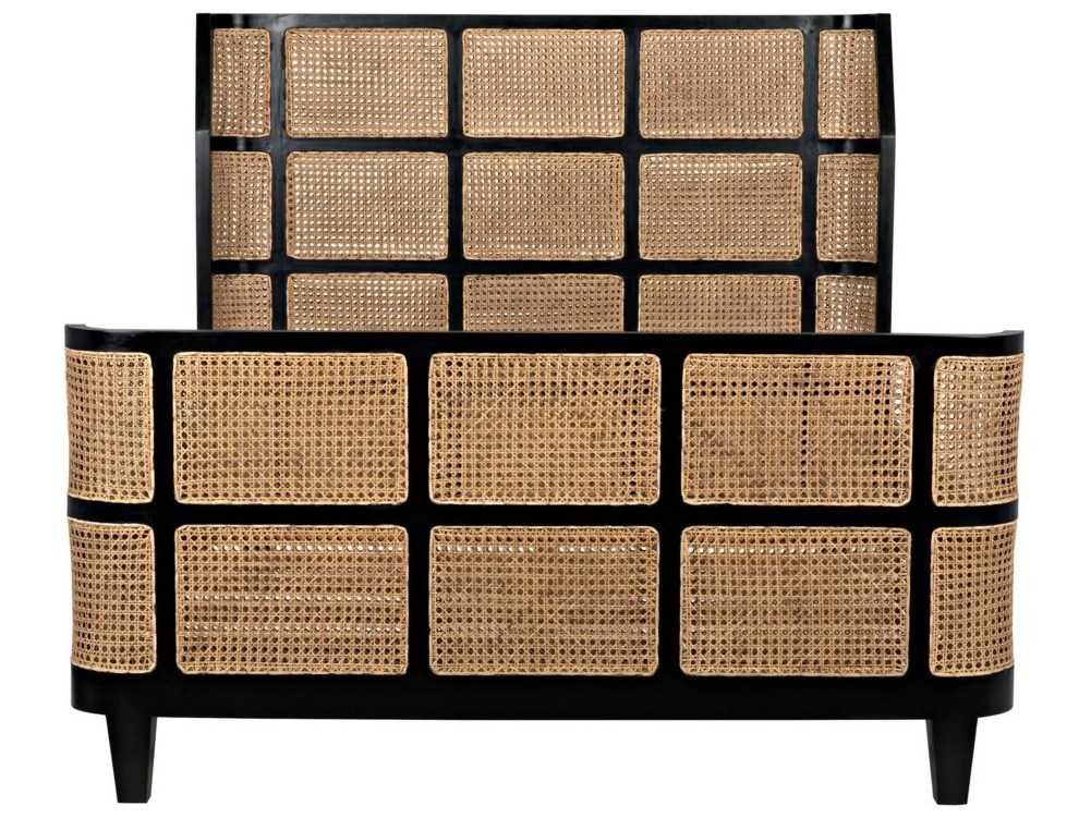 Noir Hand Rubbed Black Caning Brown Mahogany Wood Queen Panel Bed