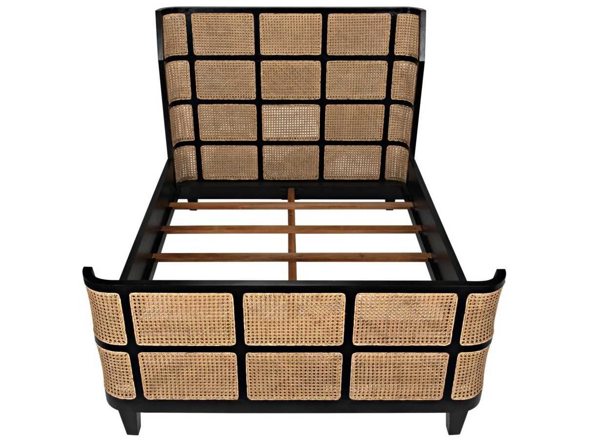 Noir Hand Rubbed Black Caning Brown Mahogany Wood Queen Panel Bed