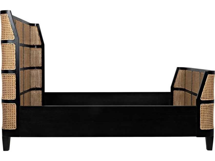 Noir Hand Rubbed Black Caning Brown Mahogany Wood Queen Panel Bed