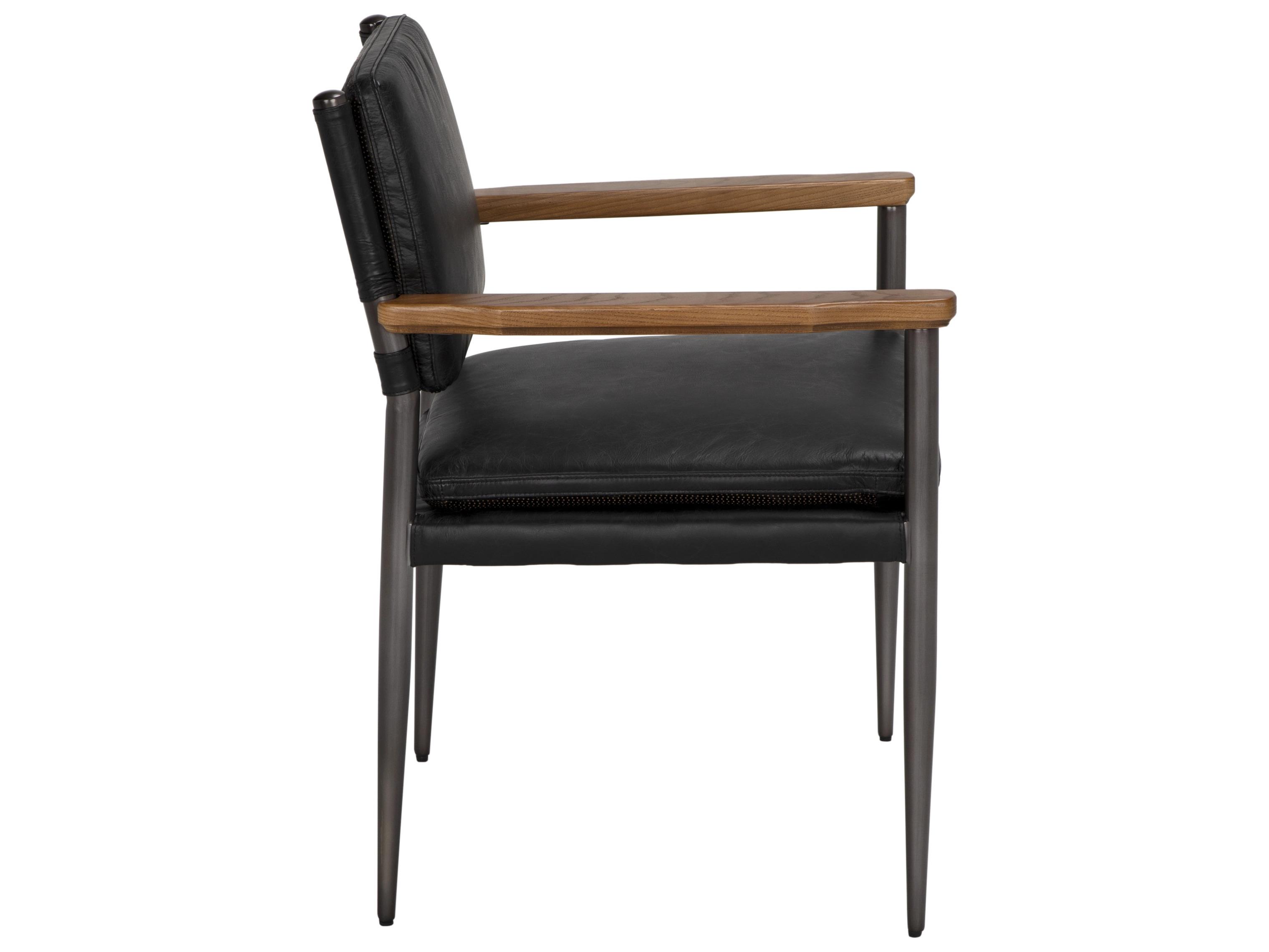 Noir Wooster Walnut Wood Black Leather Arm Dining Chair