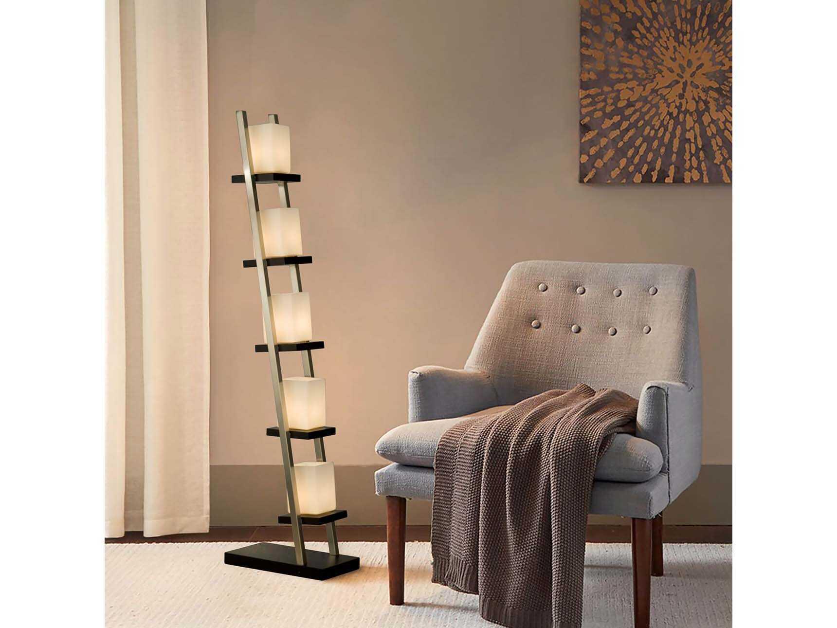 Nova Escalier Espresso Brushed Nickel Off White Glass Brown Floor Lamp