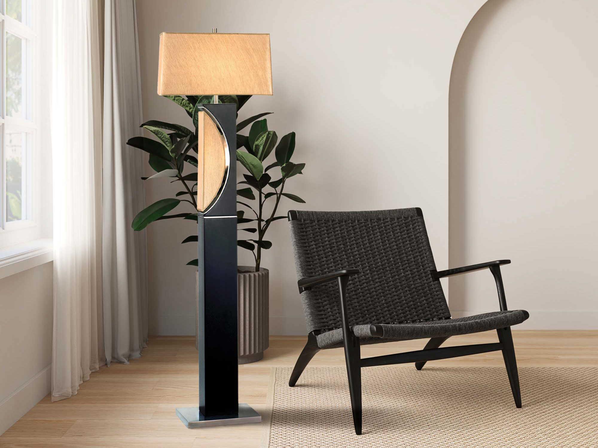 Nova Half Moon Espresso Brushed Nickel Off White Linen Brown Floor Lamp