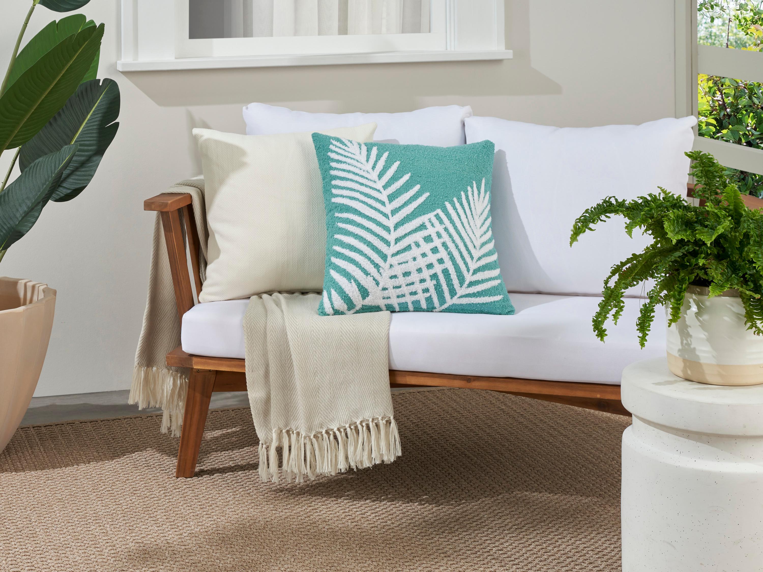 Nourison Mina Victory Outdoor Turquoise Emb Palm Leaf Pillow