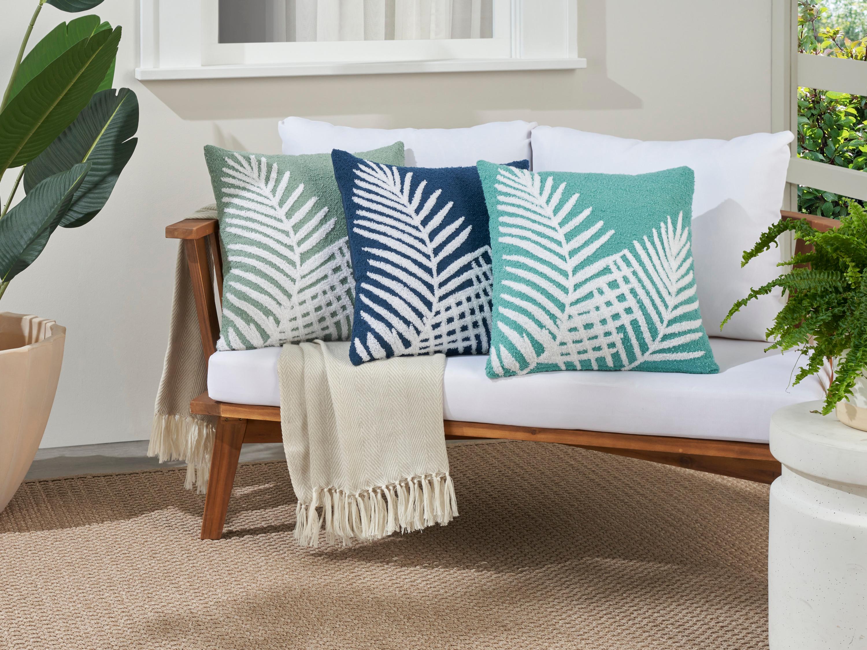 Nourison Mina Victory Outdoor Turquoise Emb Palm Leaf Pillow
