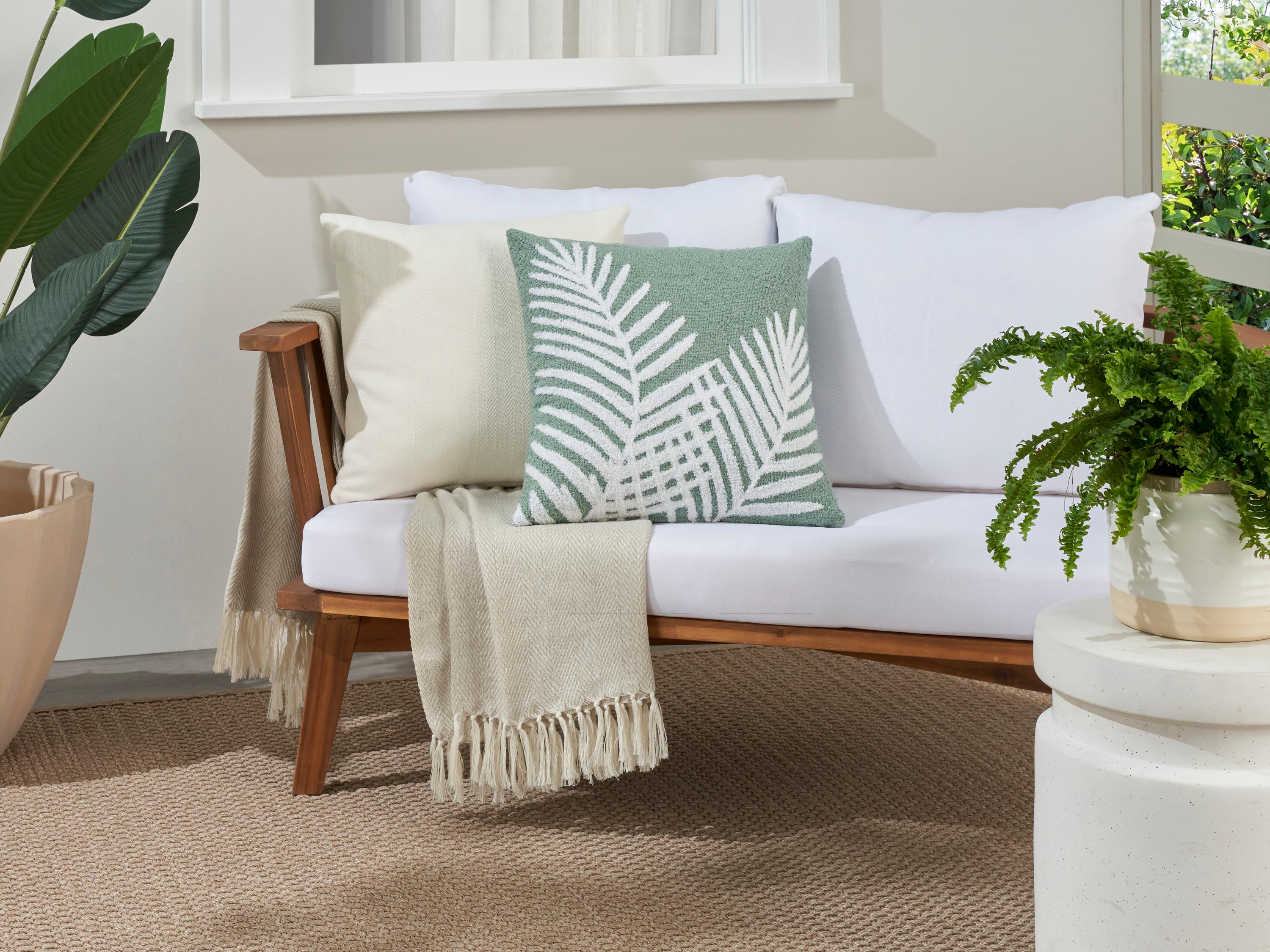 Nourison Mina Victory Outdoor Aqua Emb Palm Leaf Pillow