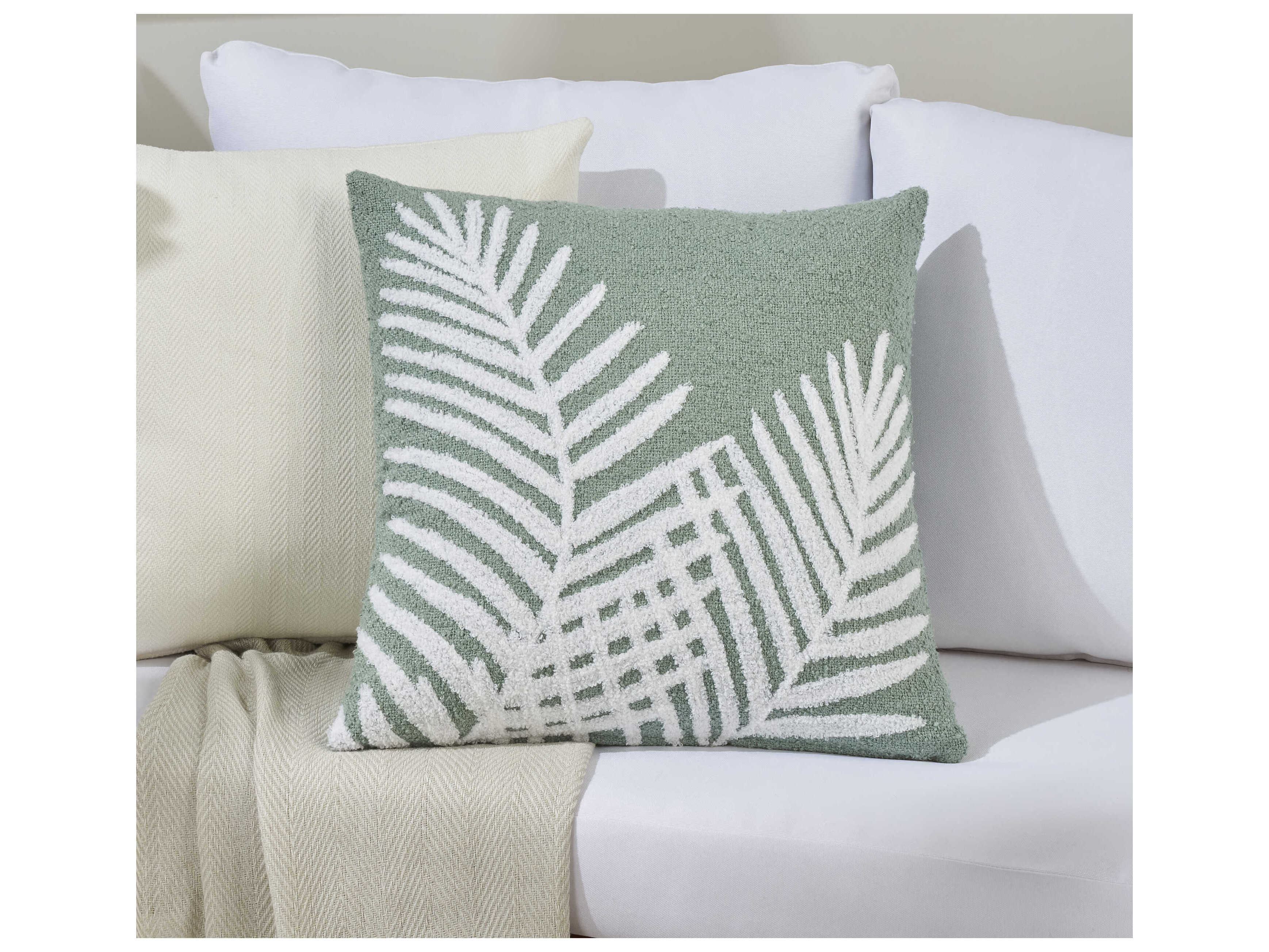 Nourison Mina Victory Outdoor Aqua Emb Palm Leaf Pillow