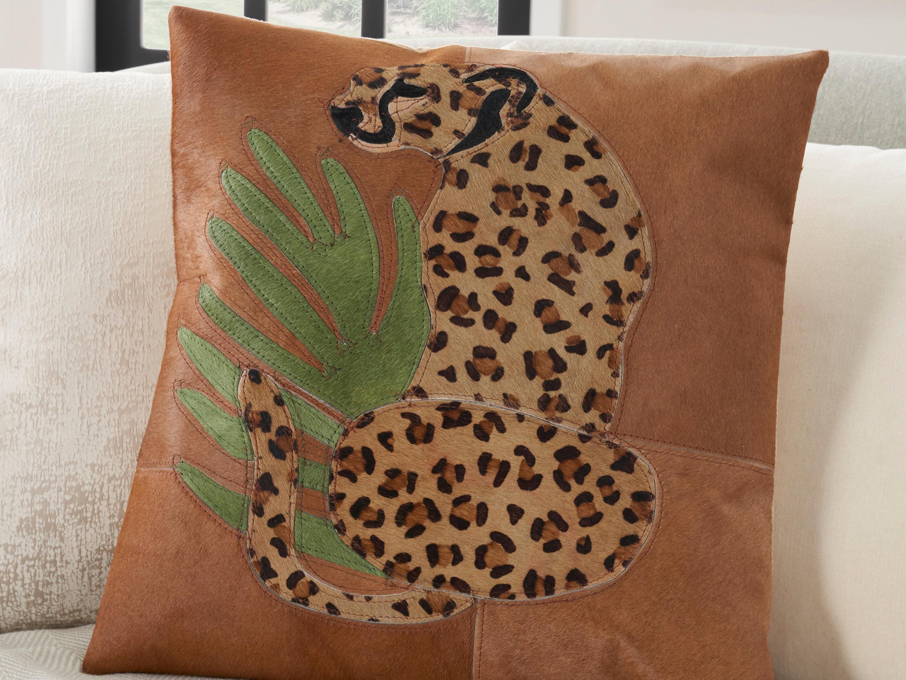 Nourison Mina Victory Natural Leather Hide Leopard 20" x 20" Pillow