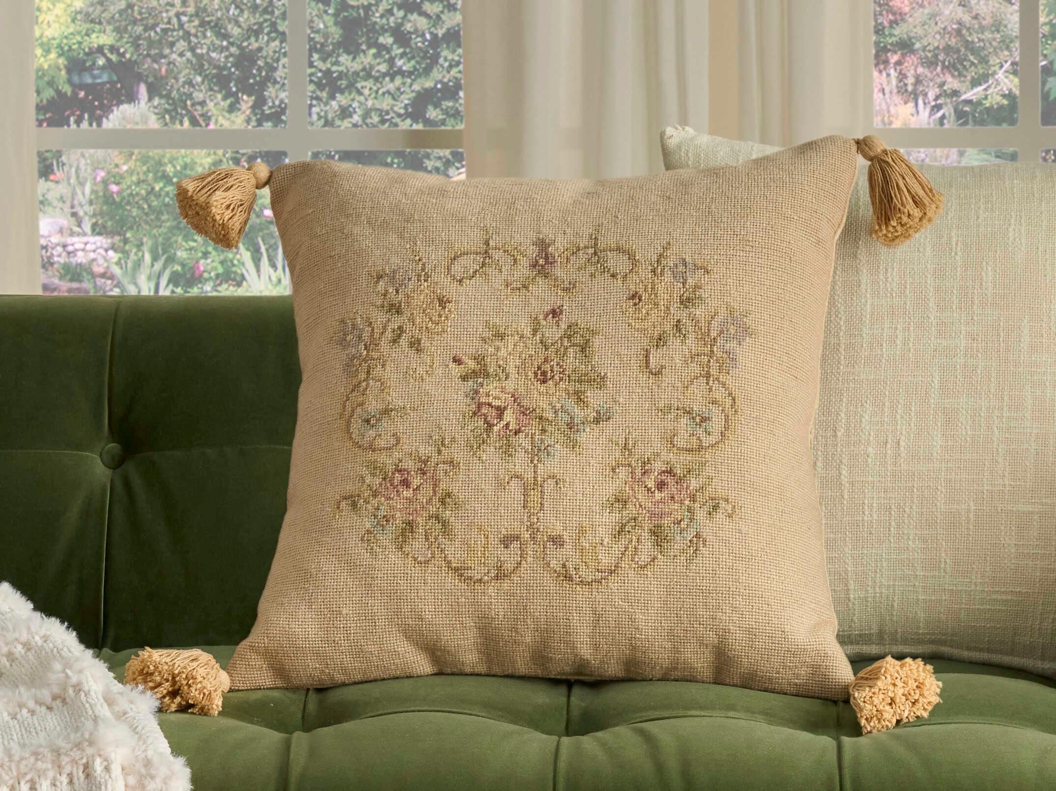 Nourison Mina Victory Vintage Floral Center 20" x 20" Beige Pillow