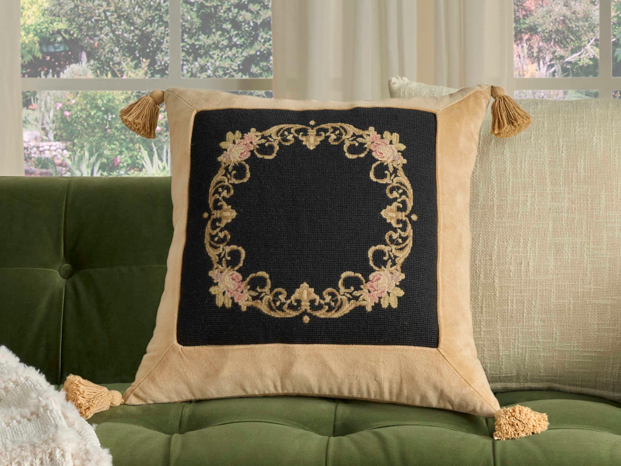 Nourison Mina Victory Vintage Floral Border 20" x 20" Black Pillow