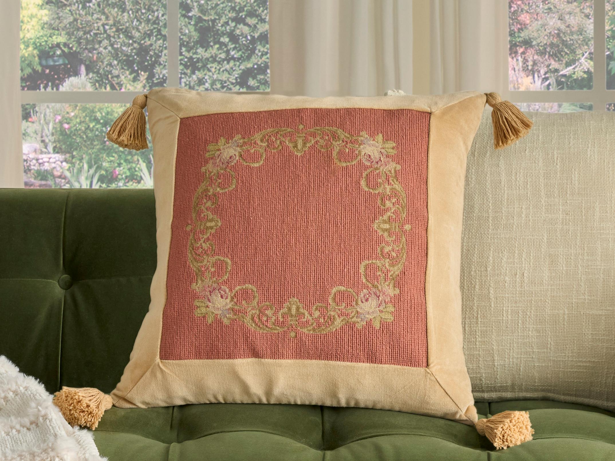 Nourison Mina Victory Vintage Floral Border 20" x 20" Coral Pillow