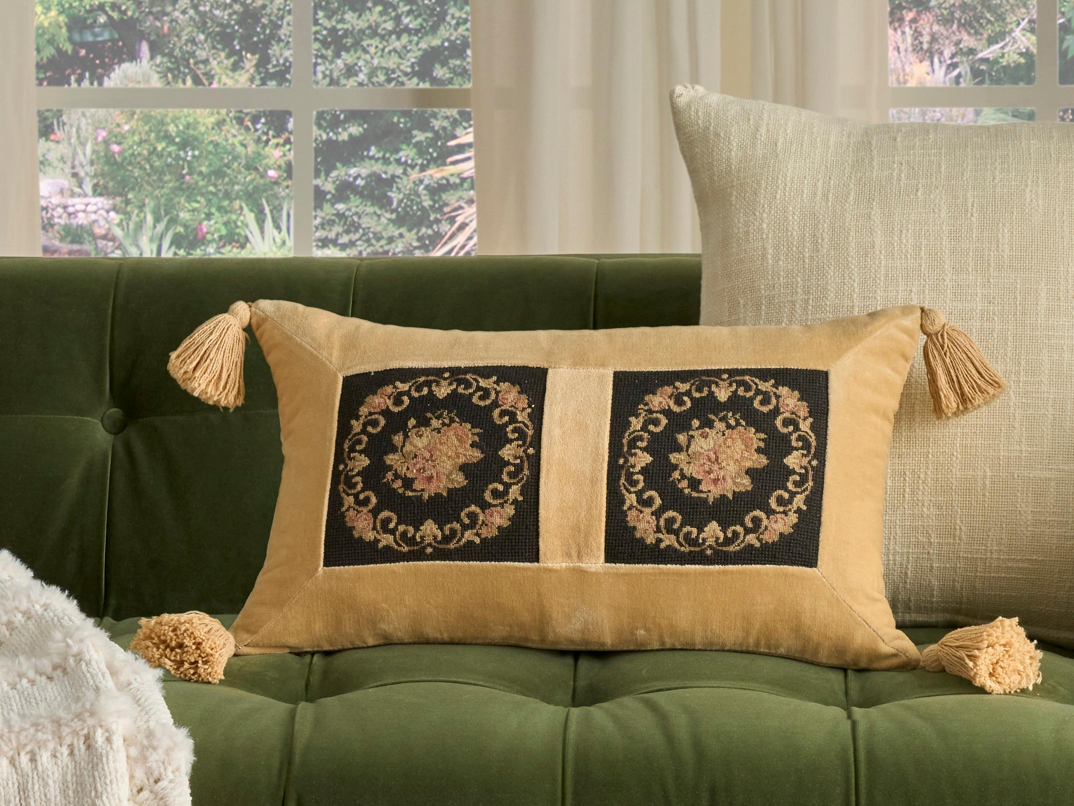 Nourison Mina Victory Vintage Floral Panels 13" x 22" Black Pillow