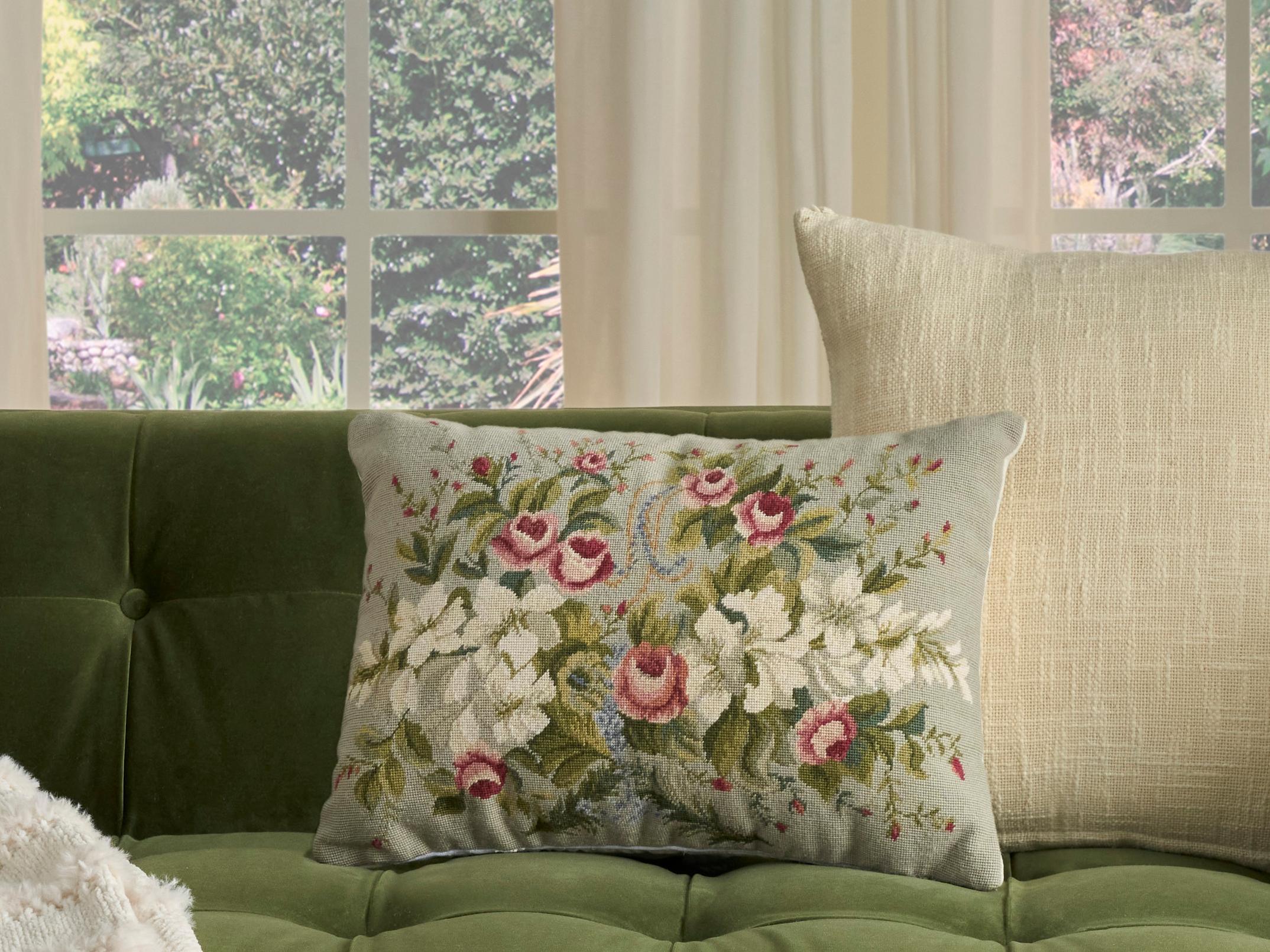 Nourison Mina Victory Vintage White Flowers 13" x 20" Blue Pillow