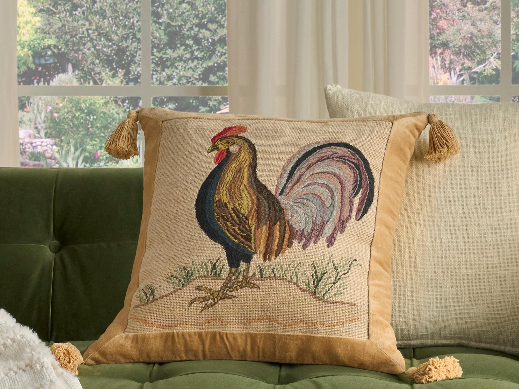 Nourison Mina Victory Vintage Rooster 20" x 20" Beige Pillow