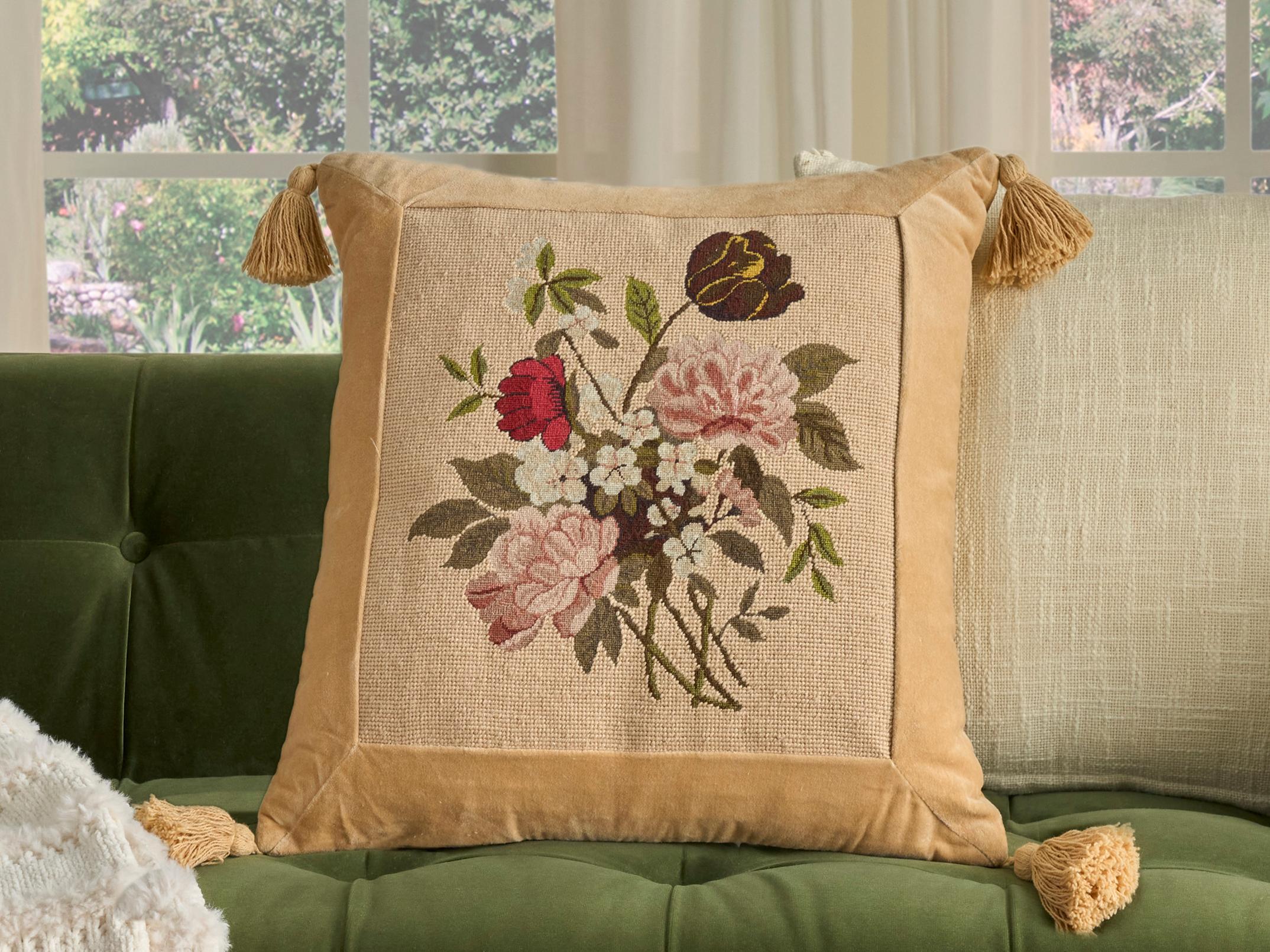Nourison Mina Victory Vintage Pink Flowers 20" x 20" Beige Pillow