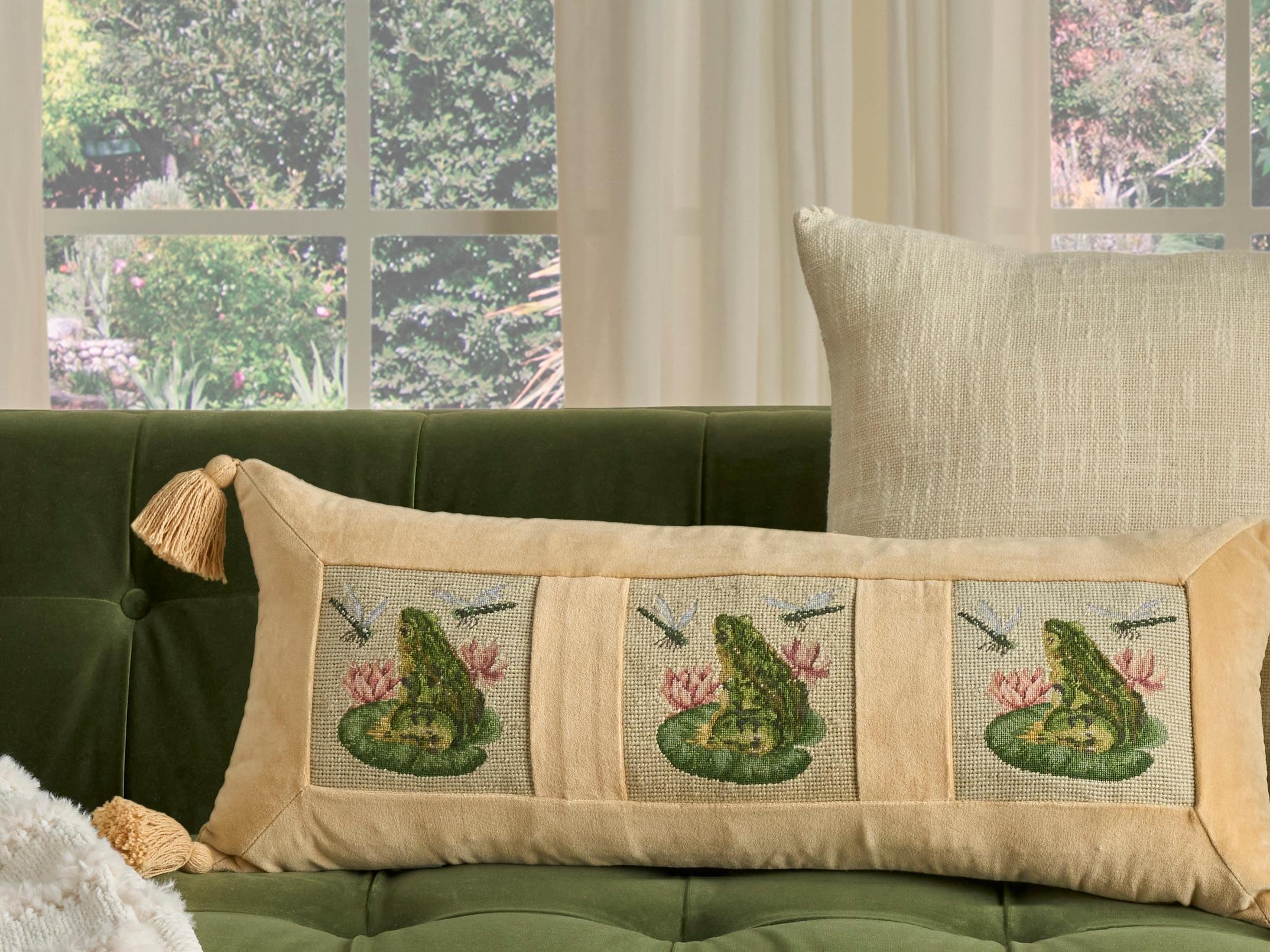 Nourison Mina Victory Vintage Frog 12" x 28" Seafoam Pillow