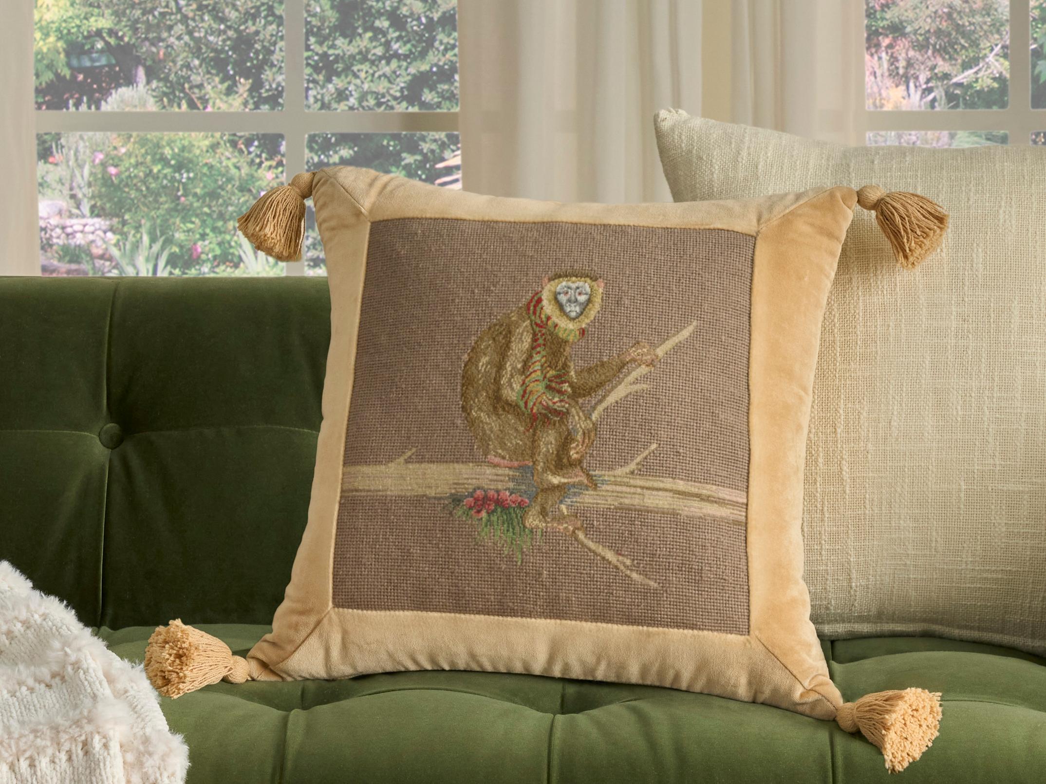 Nourison Mina Victory Vintage Monkey On Branch 19" x 19" Taupe Pillow