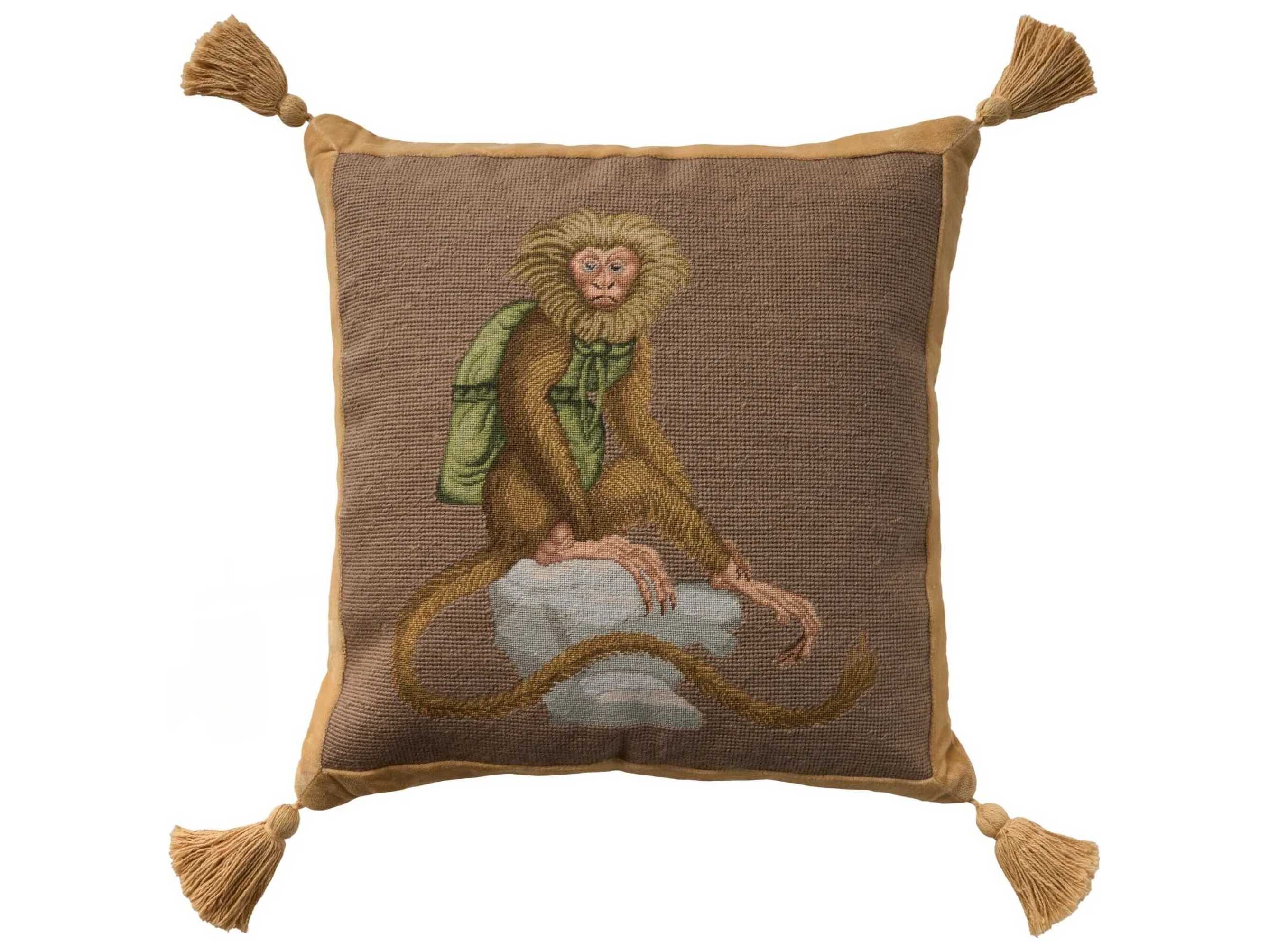 Nourison Mina Victory Vintage Monkey On Stone 19" x 19" Taupe Pillow