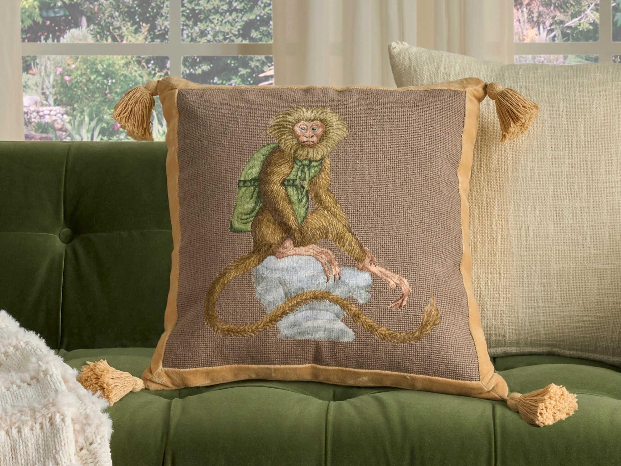 Nourison Mina Victory Vintage Monkey On Stone 19" x 19" Taupe Pillow