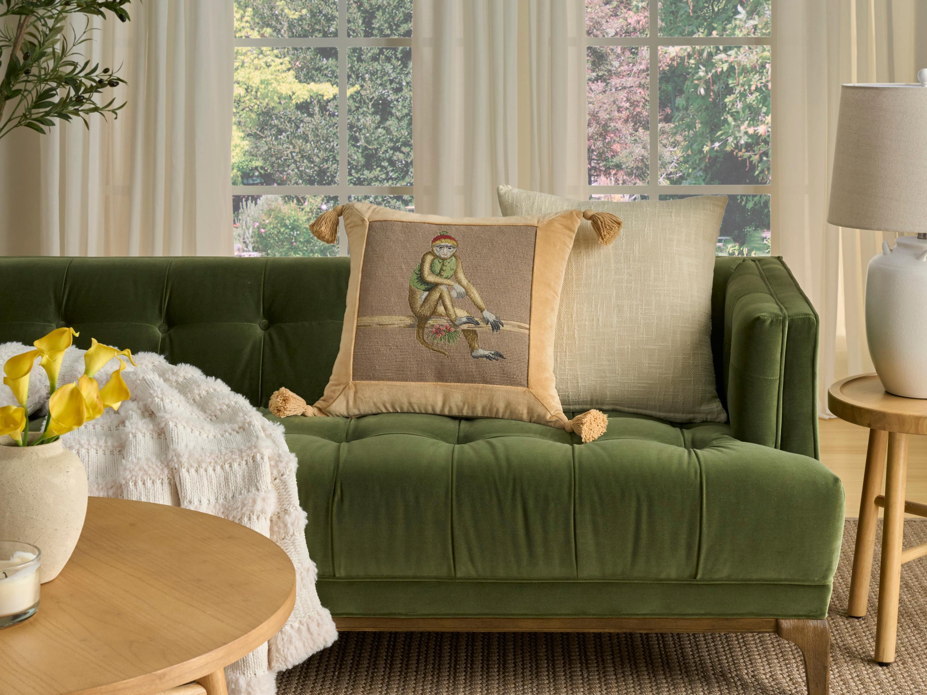 Nourison Mina Victory Vintage Red Hat Monkey 19" x 19" Taupe Pillow