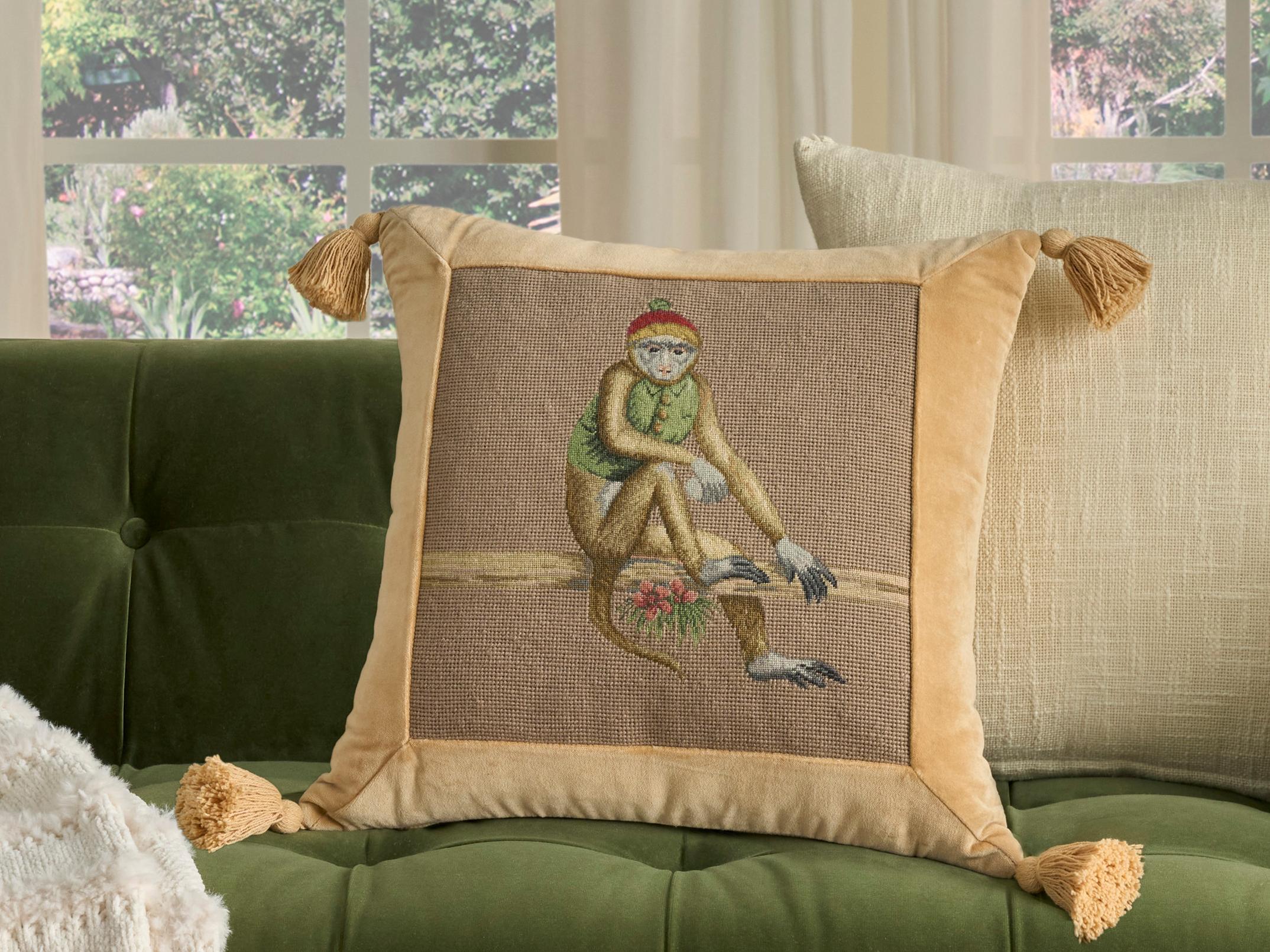 Nourison Mina Victory Vintage Red Hat Monkey 19" x 19" Taupe Pillow