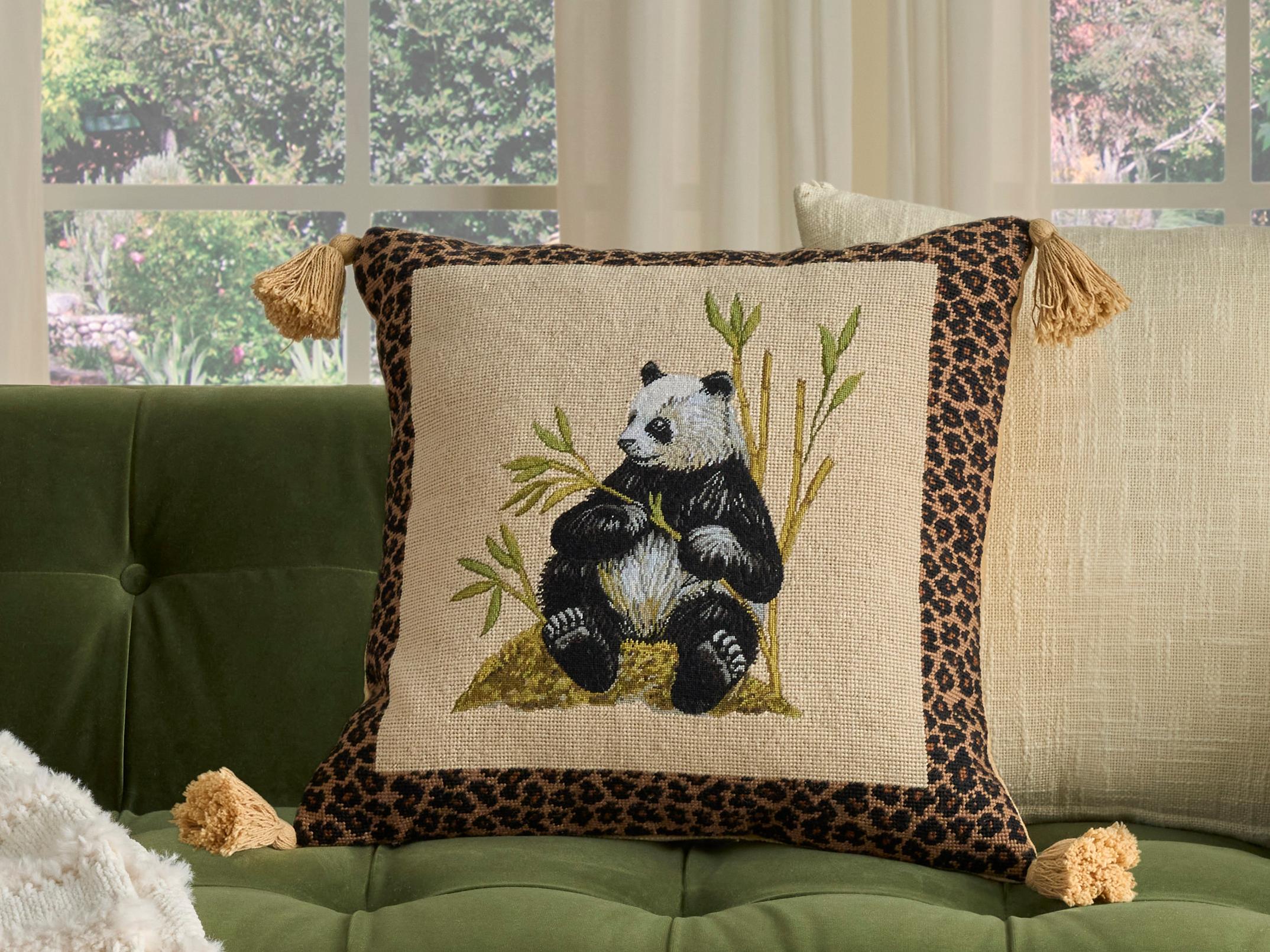 Nourison Mina Victory Vintage Panda 20" x 20" Beige Pillow
