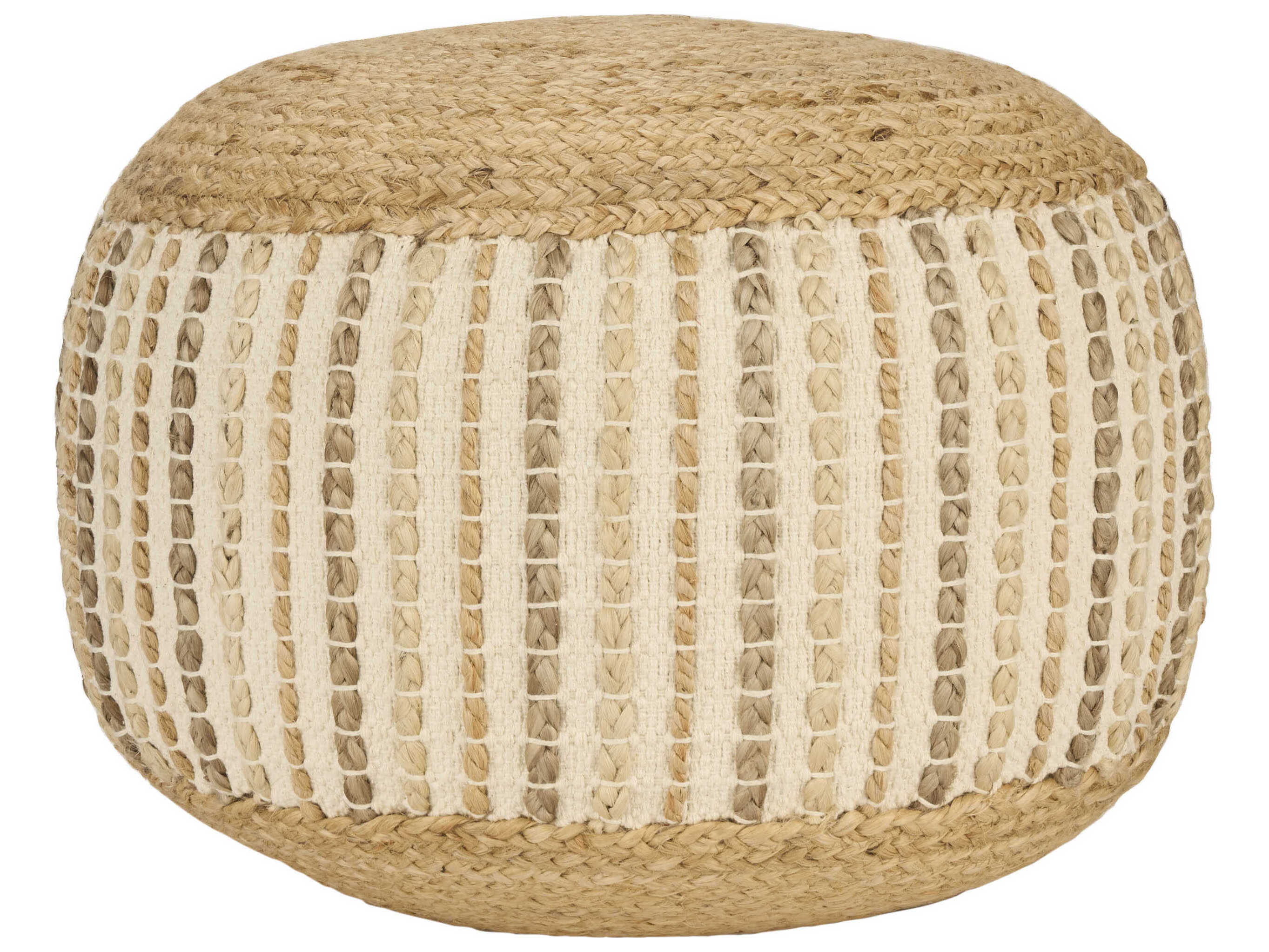 Nourison Lifestyle Jute Braids Ivory Beige Upholstered Pouf
