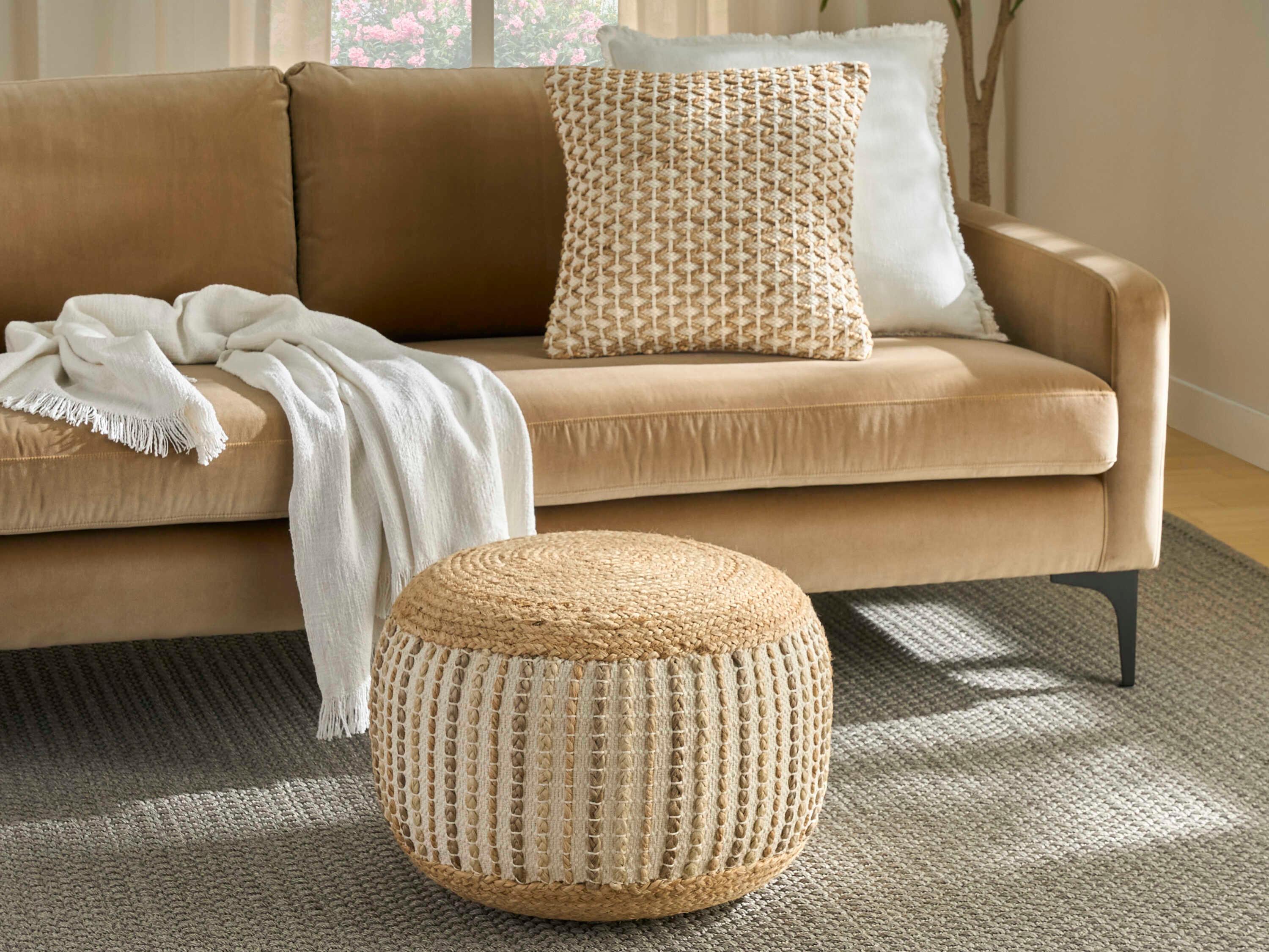 Nourison Lifestyle Jute Braids Ivory Beige Upholstered Pouf