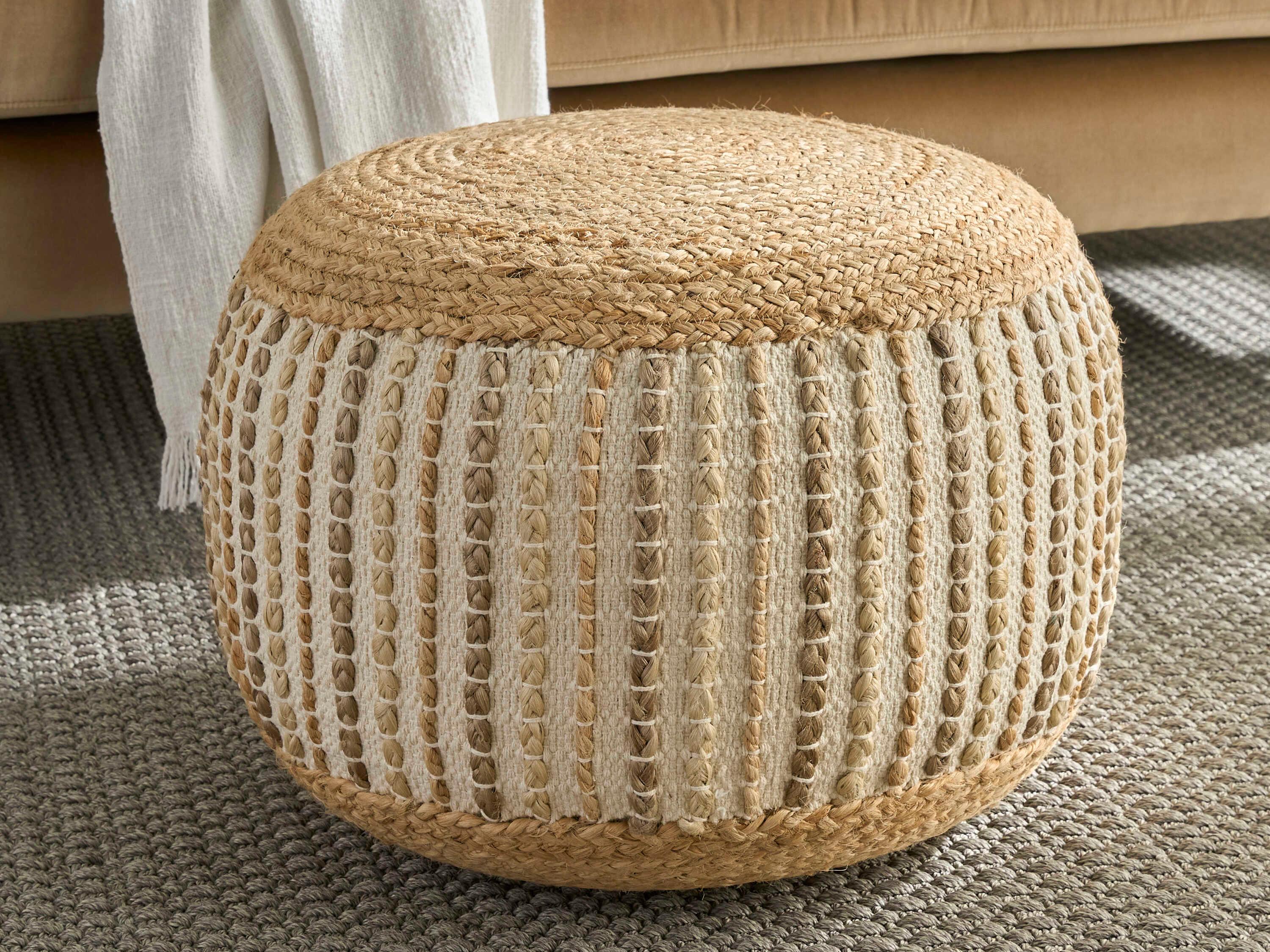 Nourison Lifestyle Jute Braids Ivory Beige Upholstered Pouf