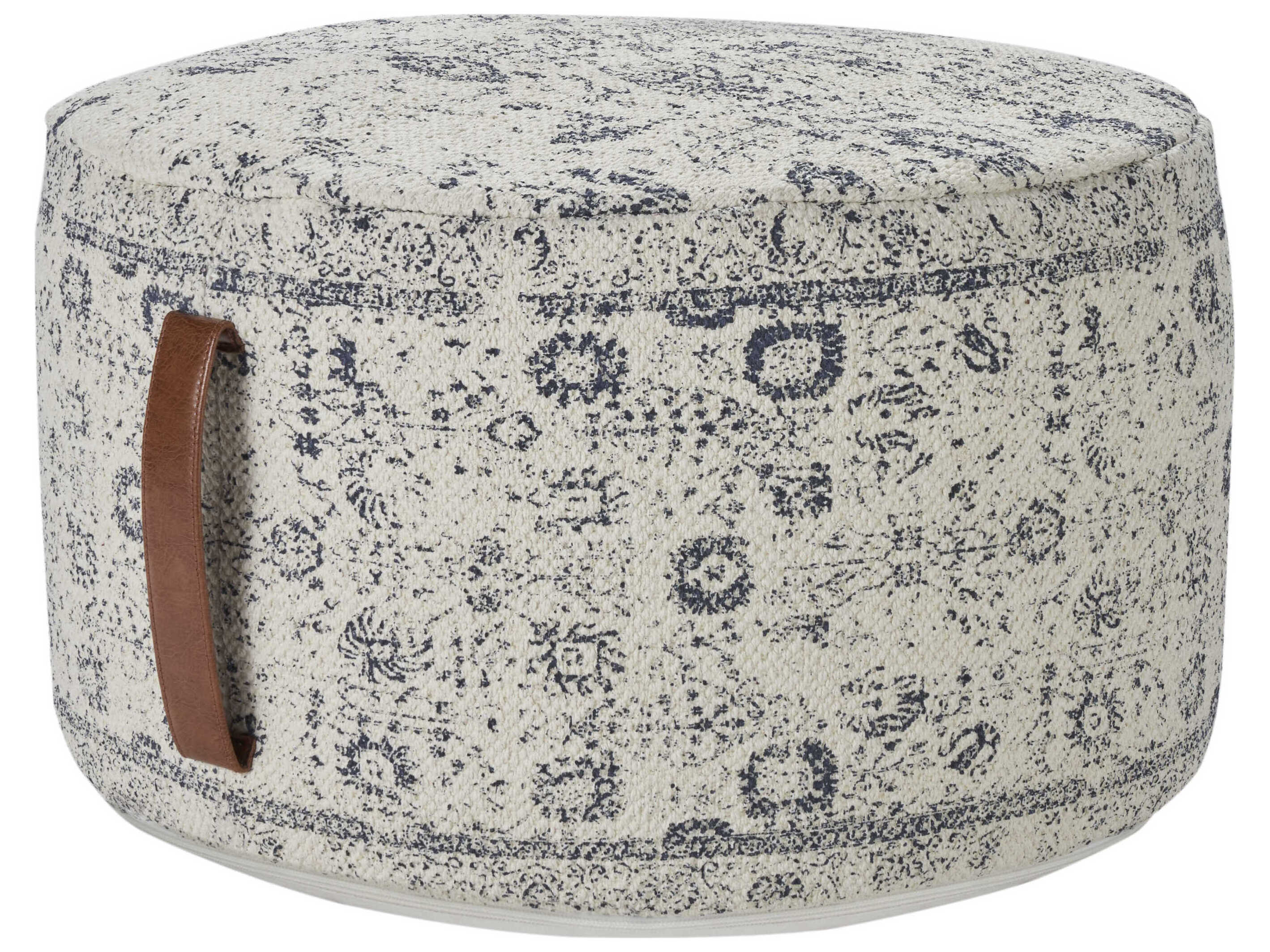 Nourison Nicole Curtis Ivory Navy Blue Upholstered Pouf