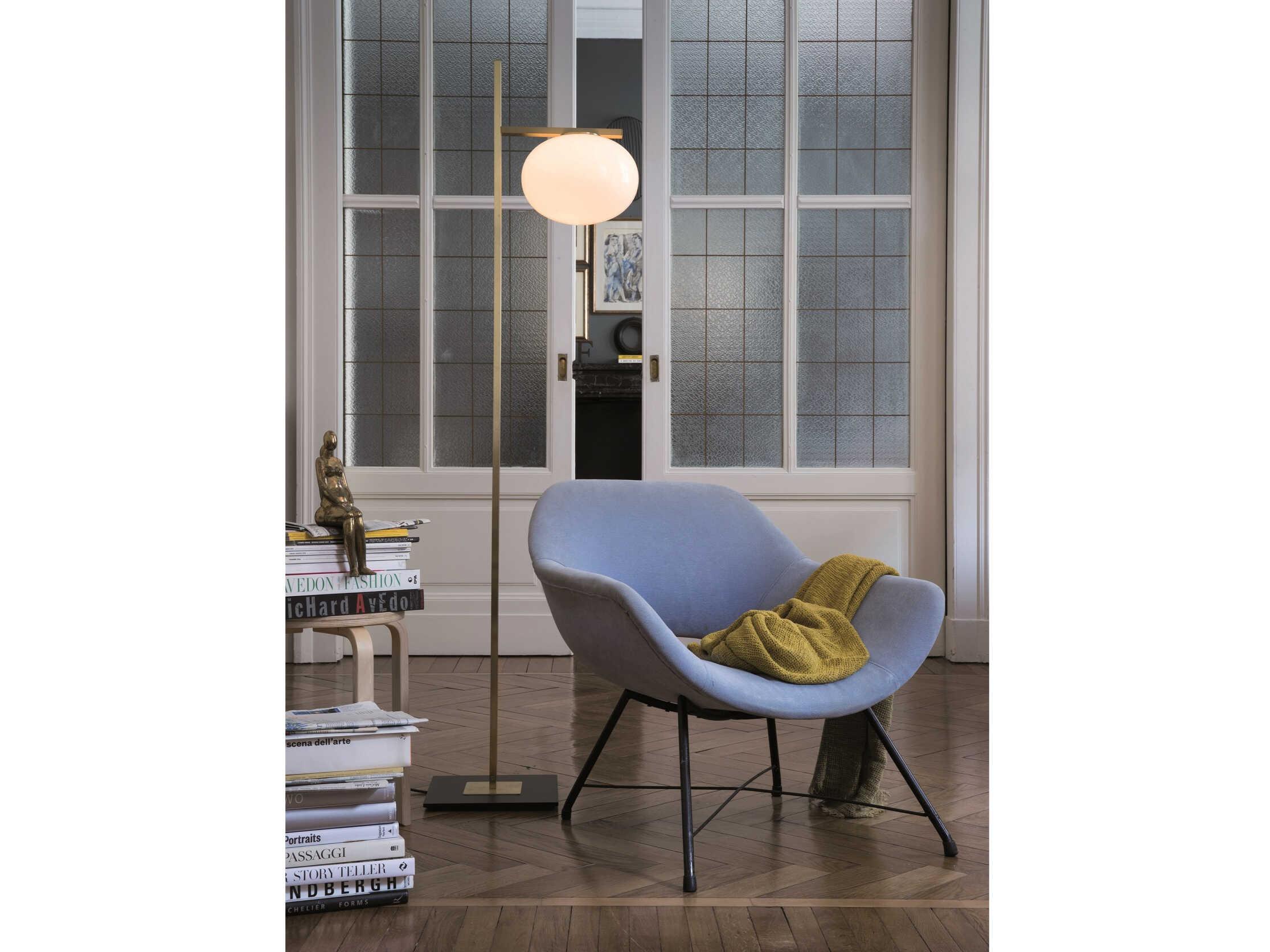 Oluce Alba Satin Brass Opaline Gray Glass Floor Lamp