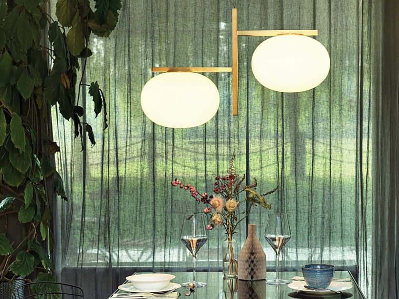 Oluce Alba 2-Light Satin Brass Polished Opaline White Glass Globe Linear Island Pendant