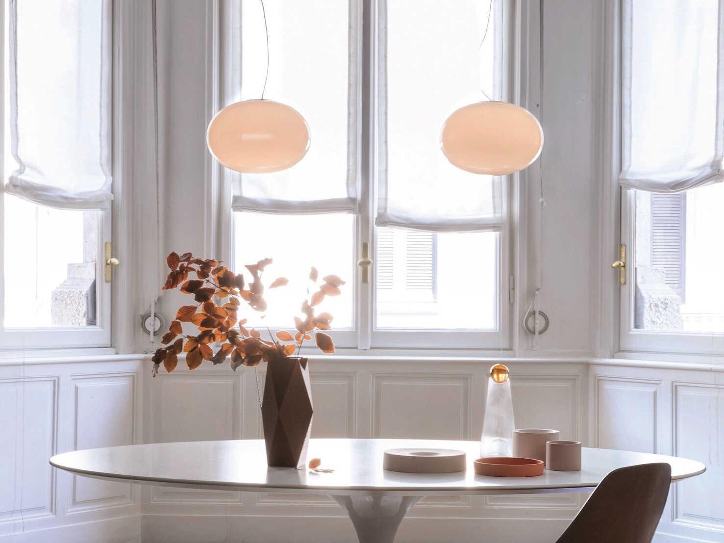 Oluce Alba 1-Light Satin Brass Polished Opaline Glass Globe Pendant