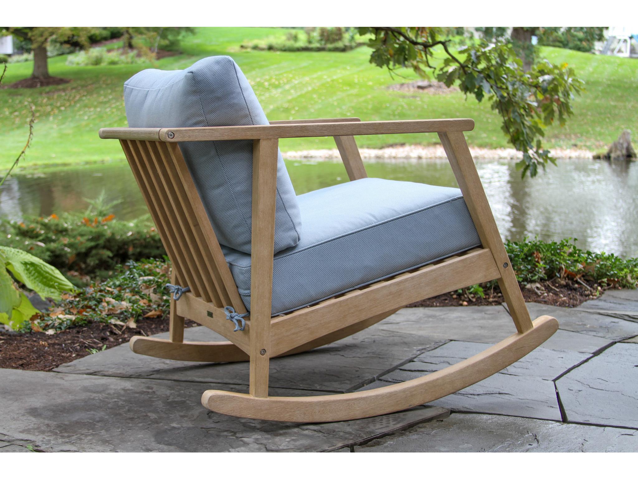 Outdoor Interiors Antique Wash Eucalyptus Rocking Chair w Blue Cushions