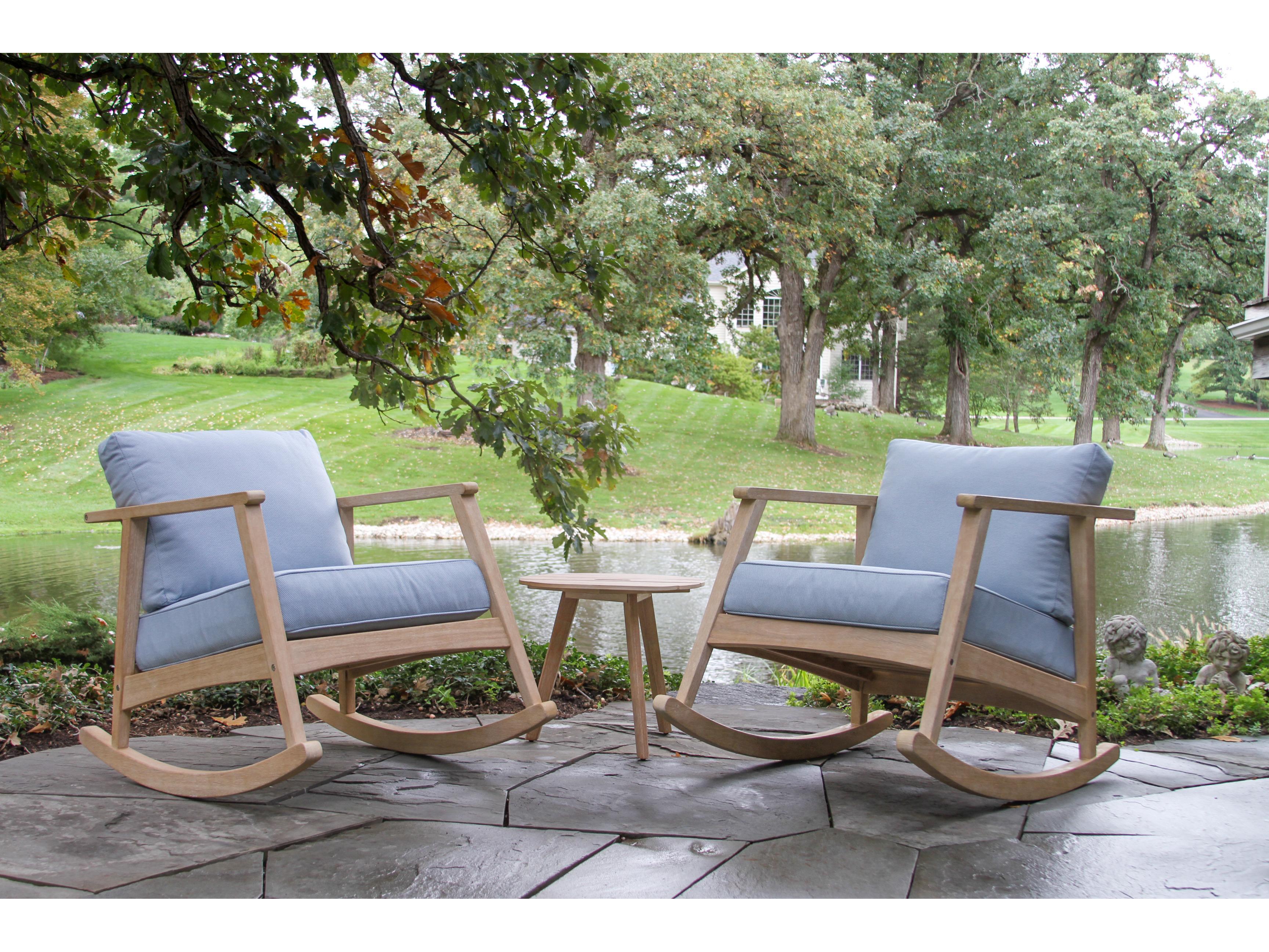 Outdoor Interiors Antique Wash Eucalyptus Rocking Chair w Blue Cushions