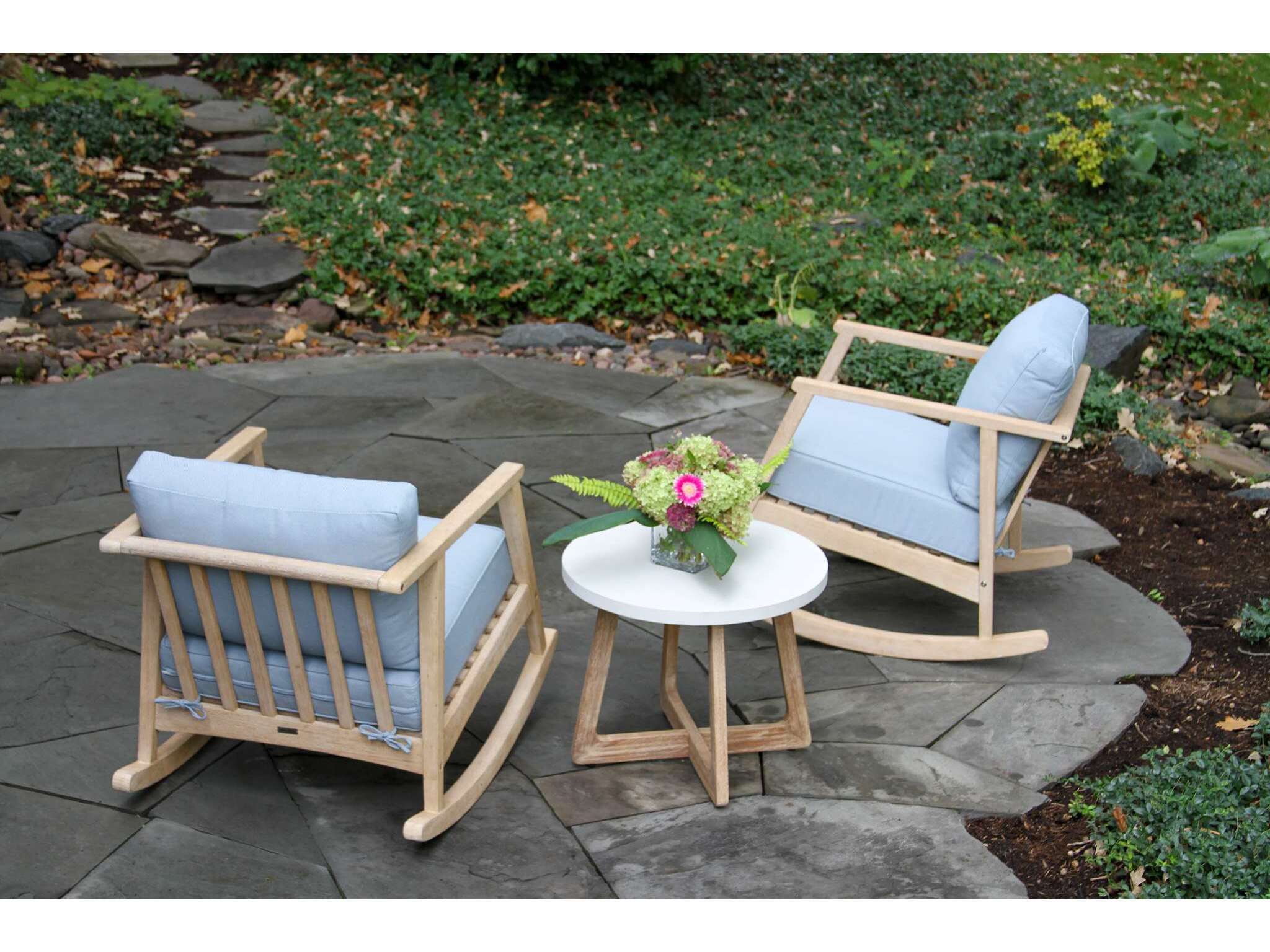 Outdoor Interiors Antique Wash Eucalyptus Rocking Chair w Blue Cushions