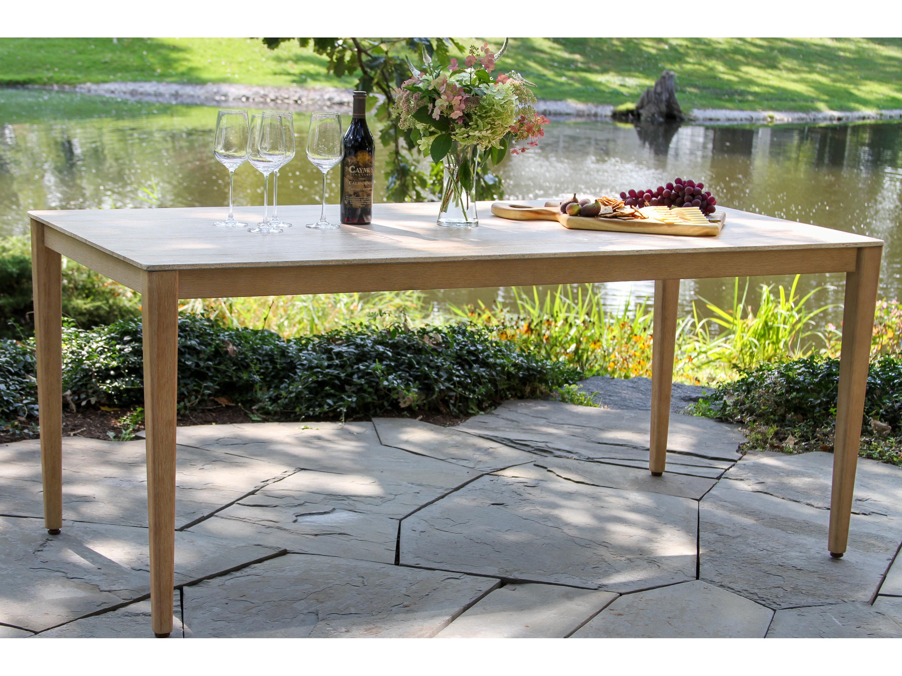 Outdoor Interiors Antique Wash Eucalyptus & Travertine Composite Dining Table, 72" x 36"