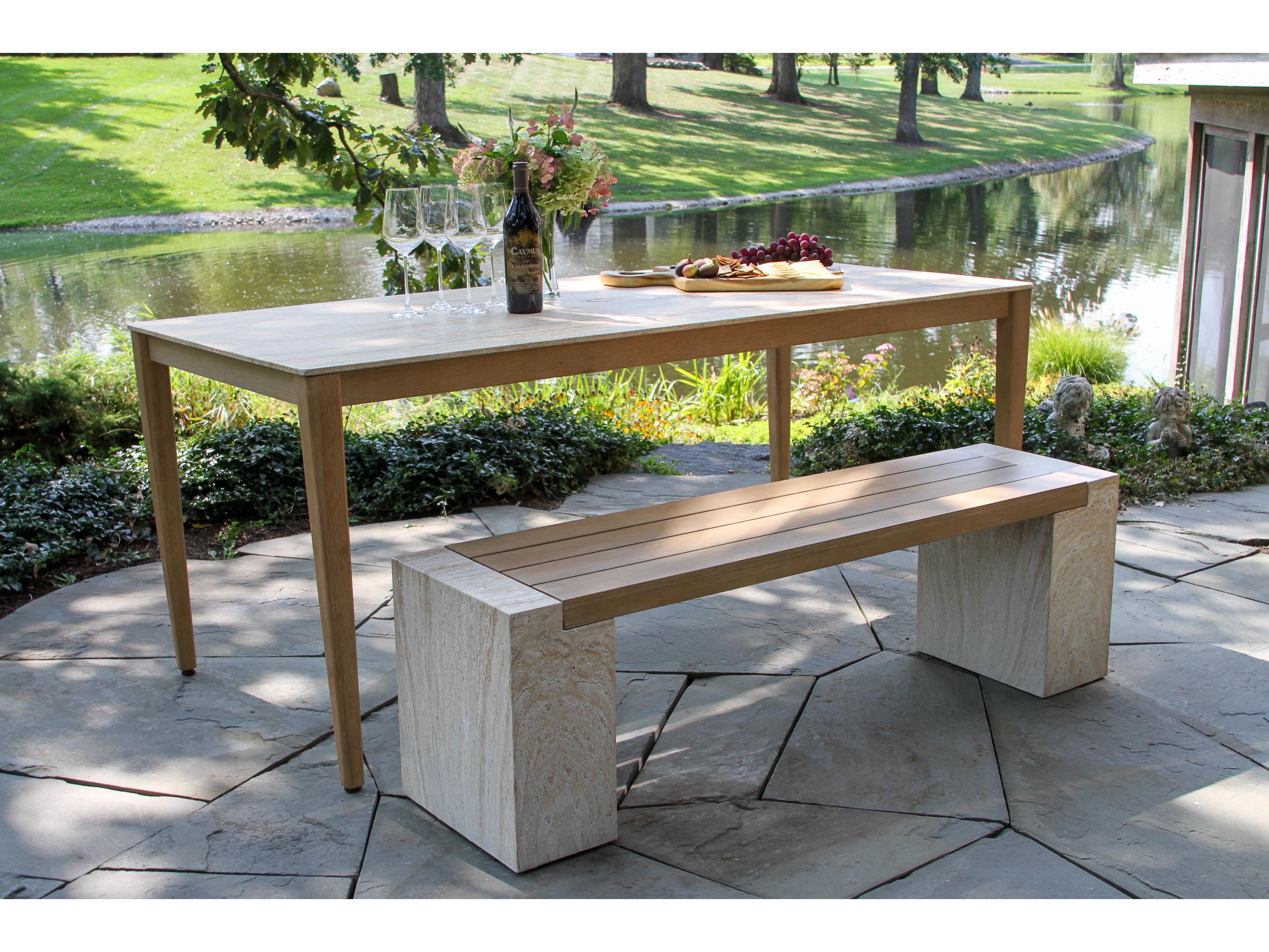 Outdoor Interiors Antique Wash Eucalyptus & Travertine Composite Dining Table, 72" x 36"