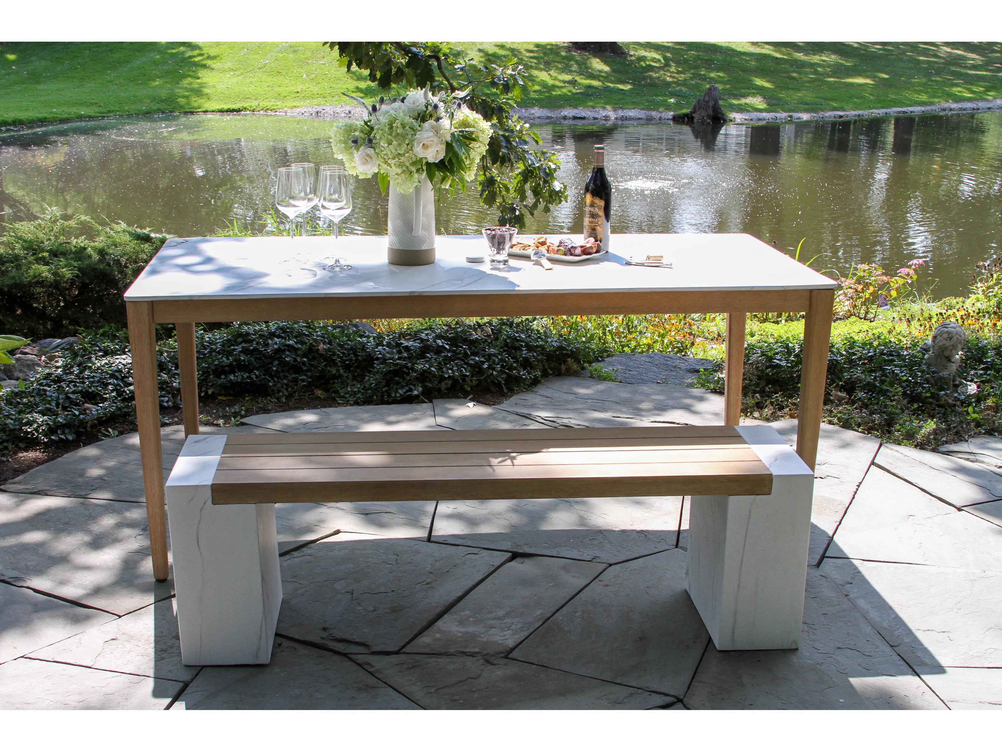 Outdoor Interiors Antique Wash Eucalyptus & White Marble Composite Bench