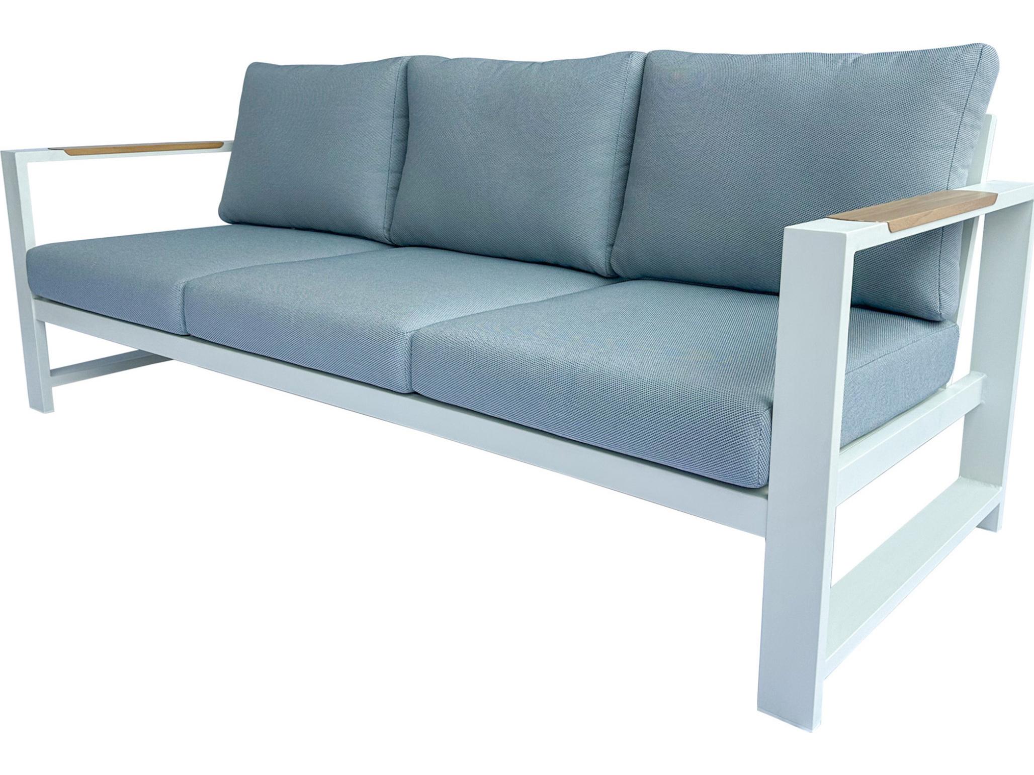 Outdoor Interiors Sienna White Aluminum Sofa w Blue Cushions