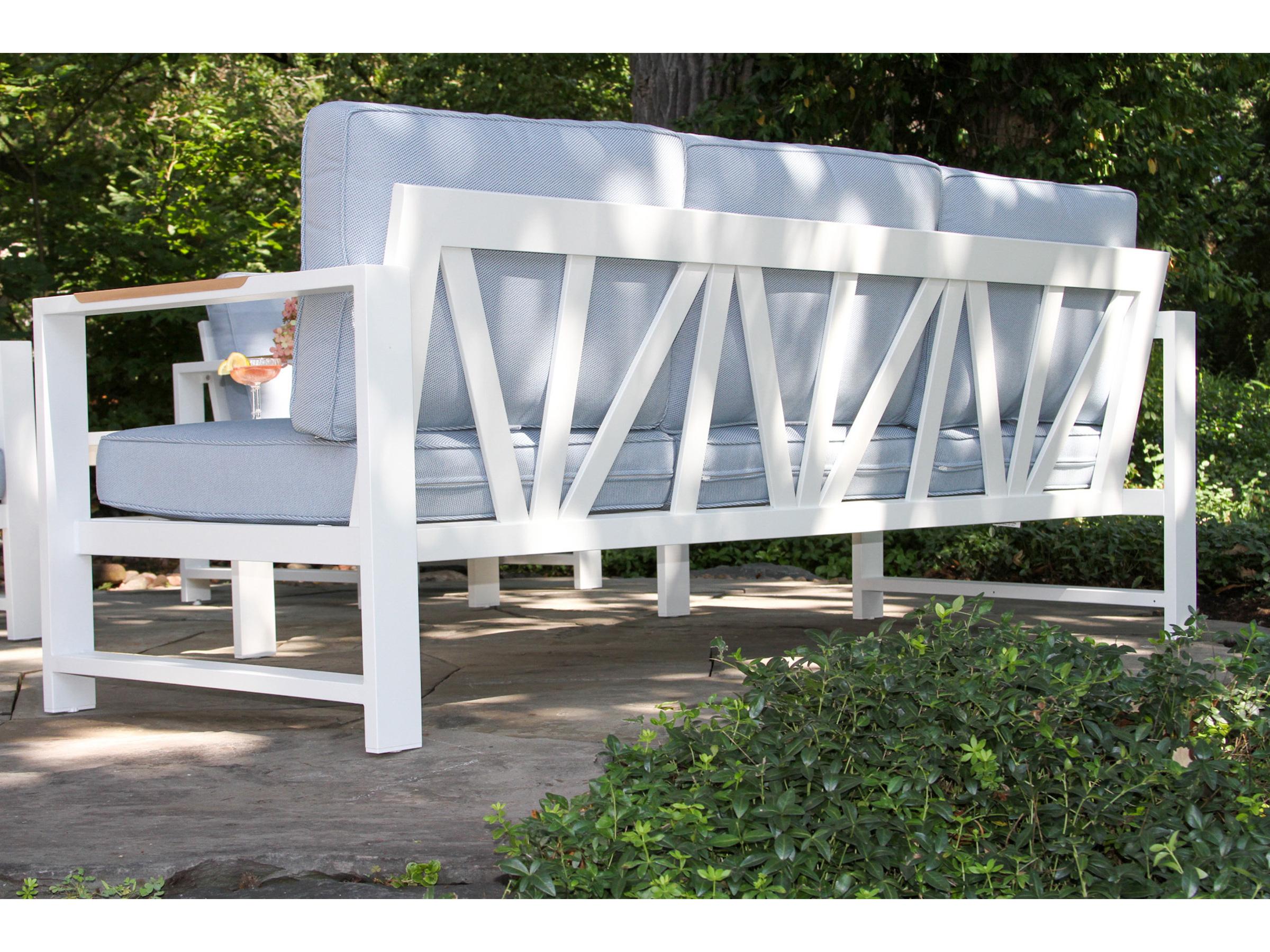 Outdoor Interiors Sienna White Aluminum Sofa w Blue Cushions
