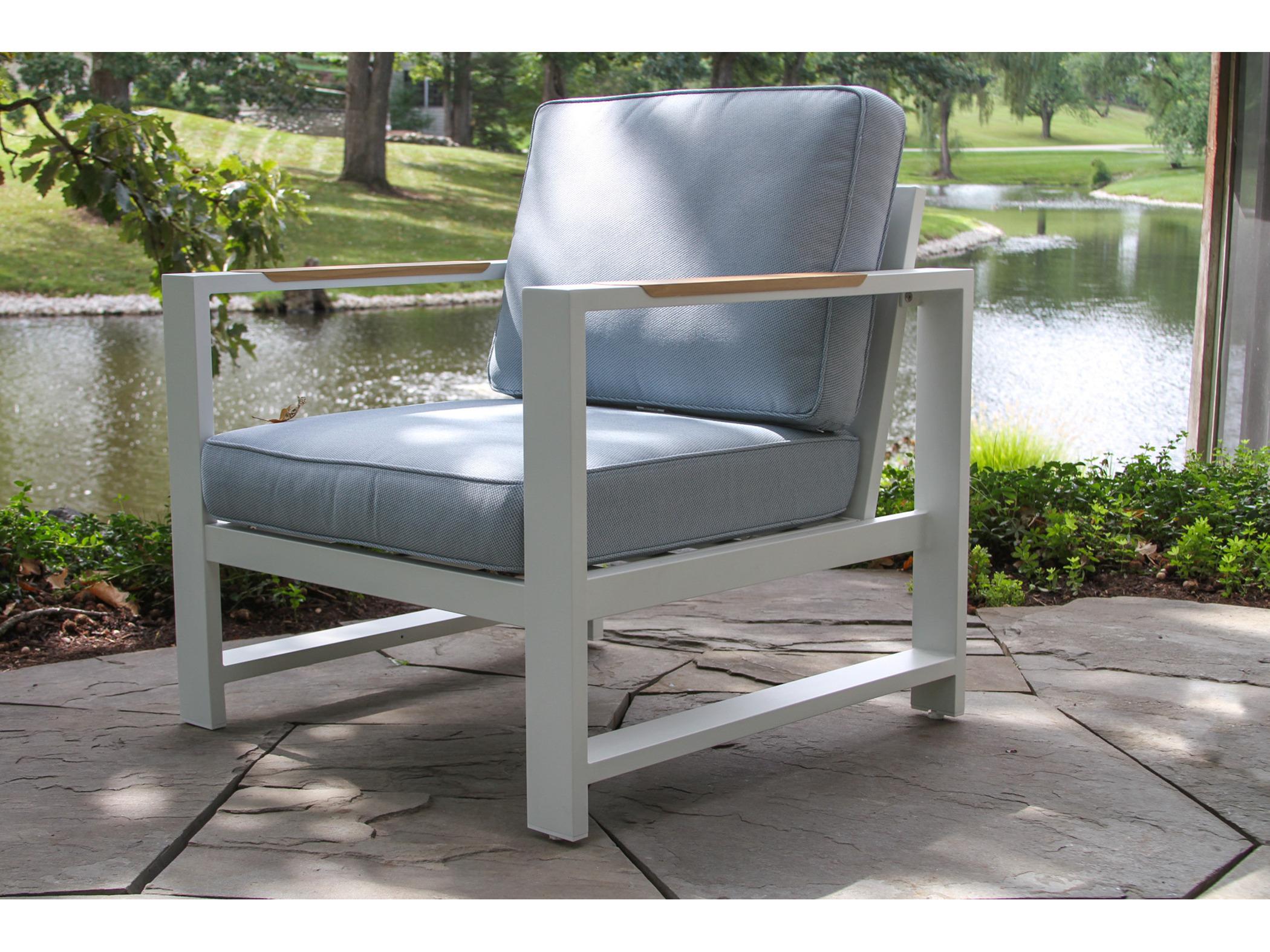 Outdoor Interiors Sienna White Aluminum Armchair w Blue Cushions (Price Includes Two)
