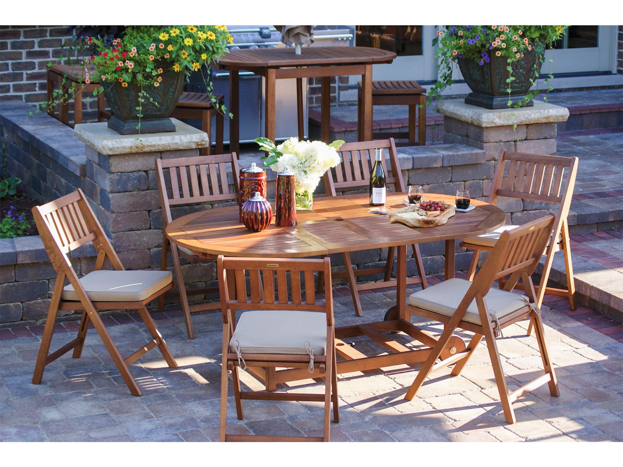 Outdoor Interiors Eucalyptus 7pc Fold & Store Dining Set w Beige Cushions & Cover