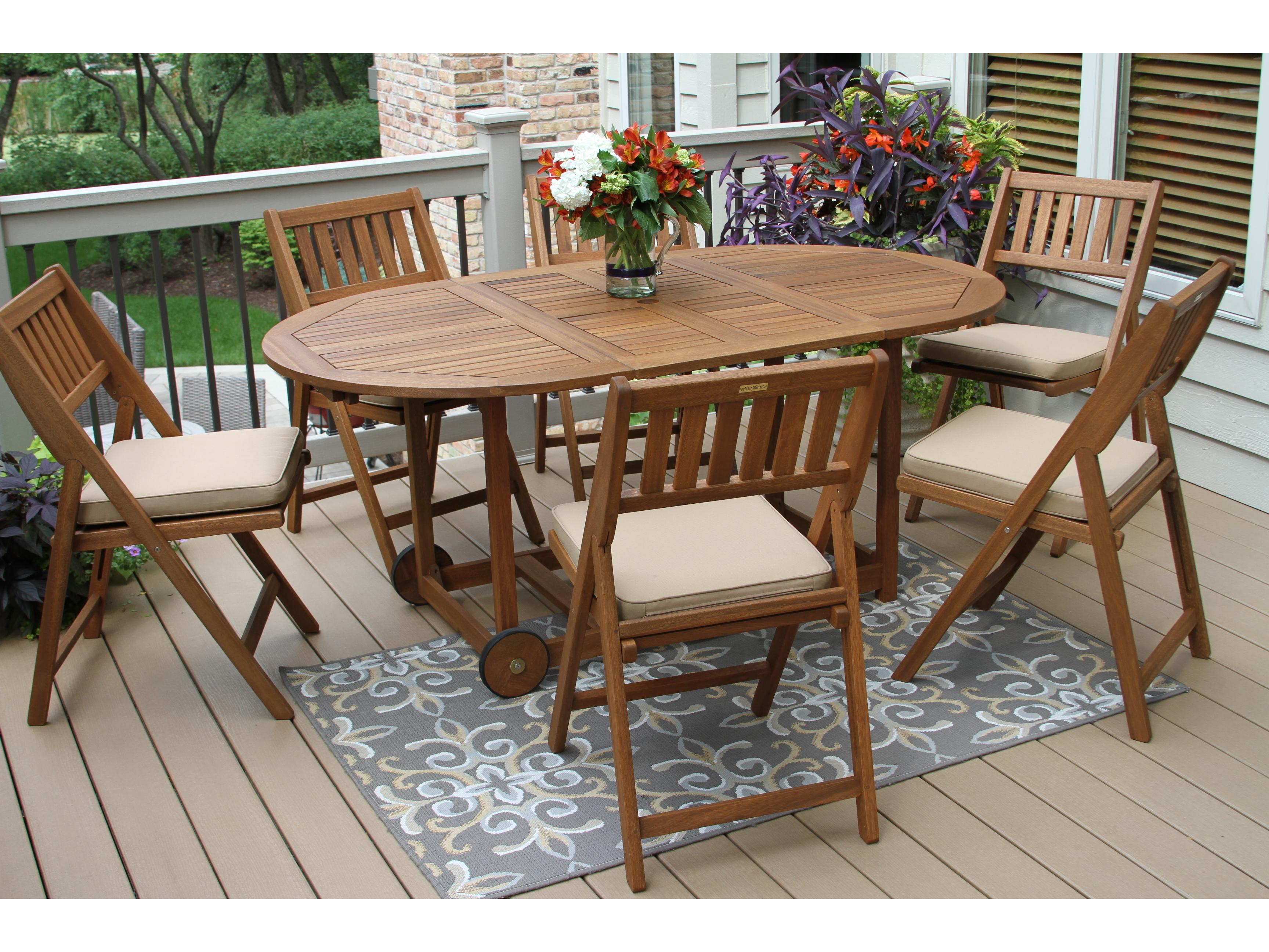 Outdoor Interiors Eucalyptus 7pc Fold & Store Dining Set w Beige Cushions & Cover