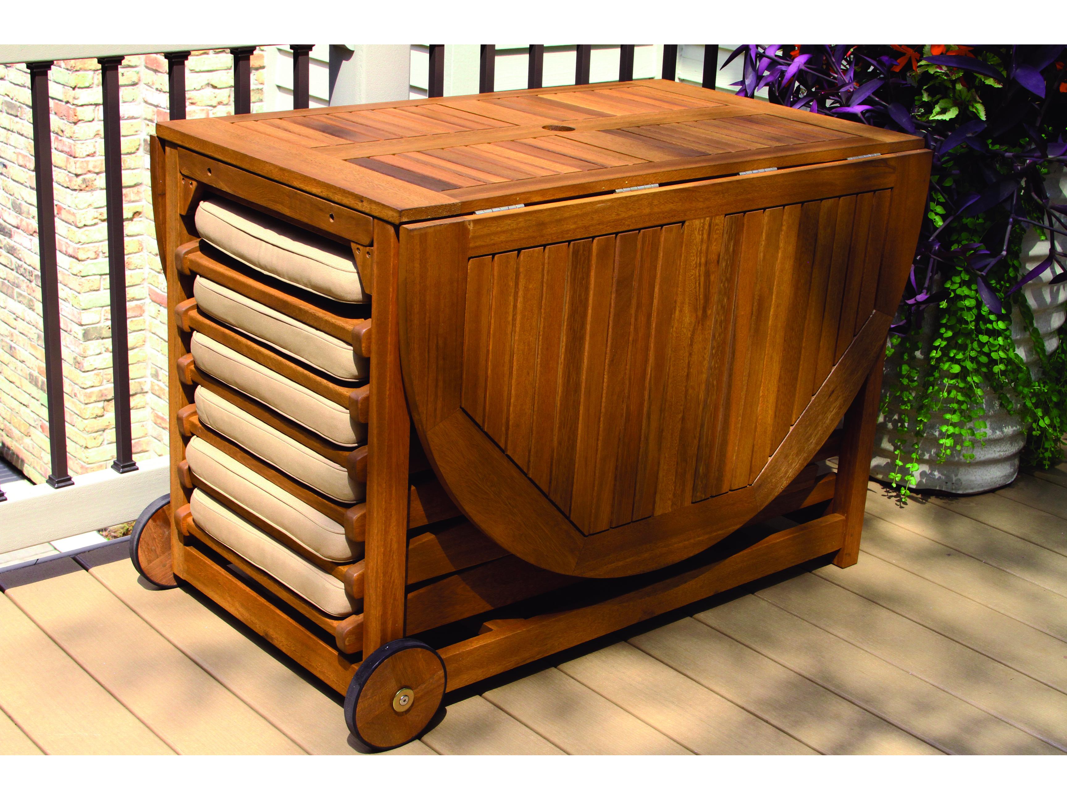 Outdoor Interiors Eucalyptus 7pc Fold & Store Dining Set w Beige Cushions & Cover