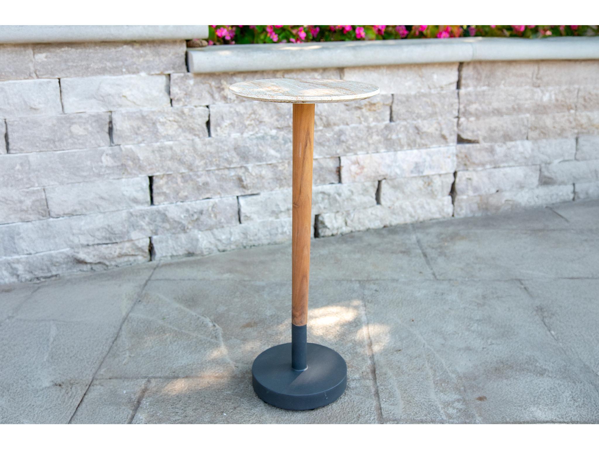 Outdoor Interiors Teak & Travertine Composite Cocktail Table, 10" Dia.